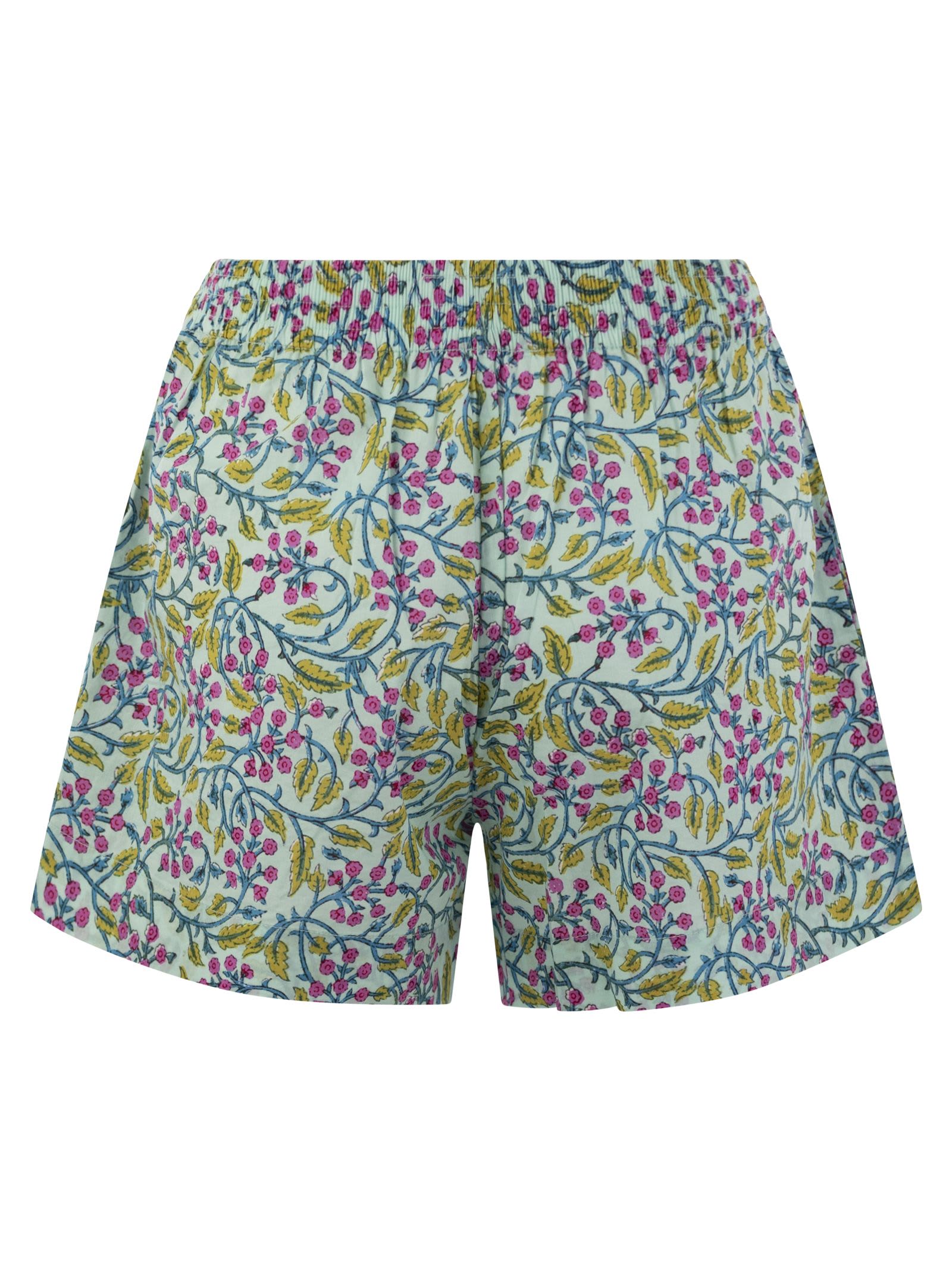 Shop Mc2 Saint Barth Meave - Cotton Shorts With Floral Pattern In Water Green