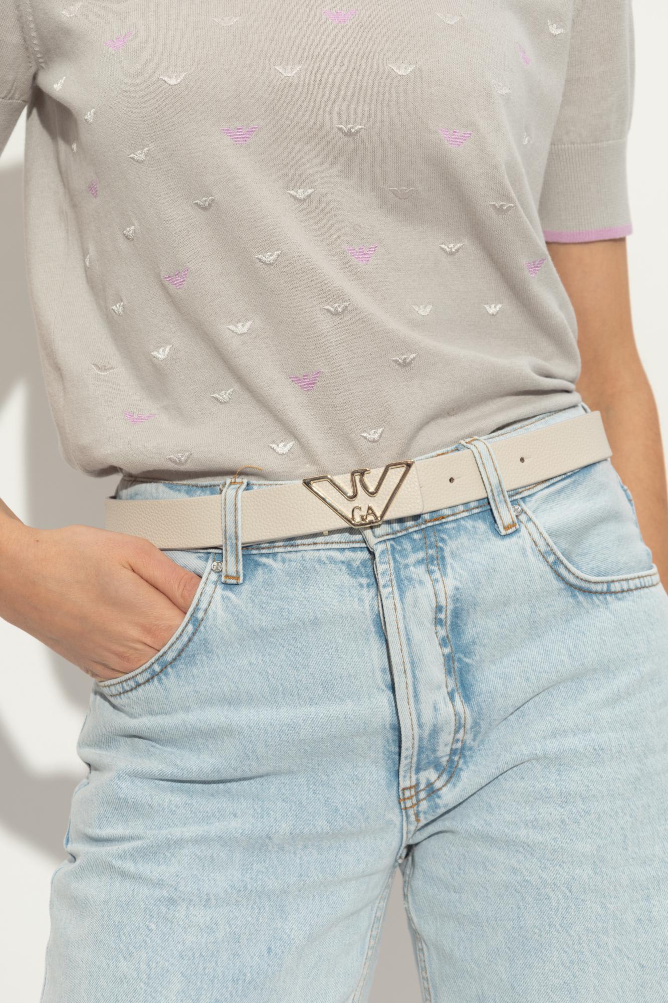 Emporio Armani Adjustable Logo Buckle Belt With Textured Finish In Beige