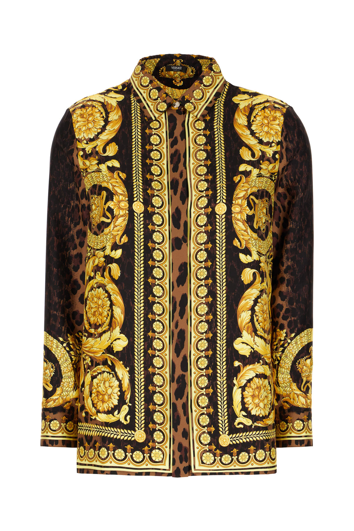 Versace Printed Silk Shirt In Chestnut Gold