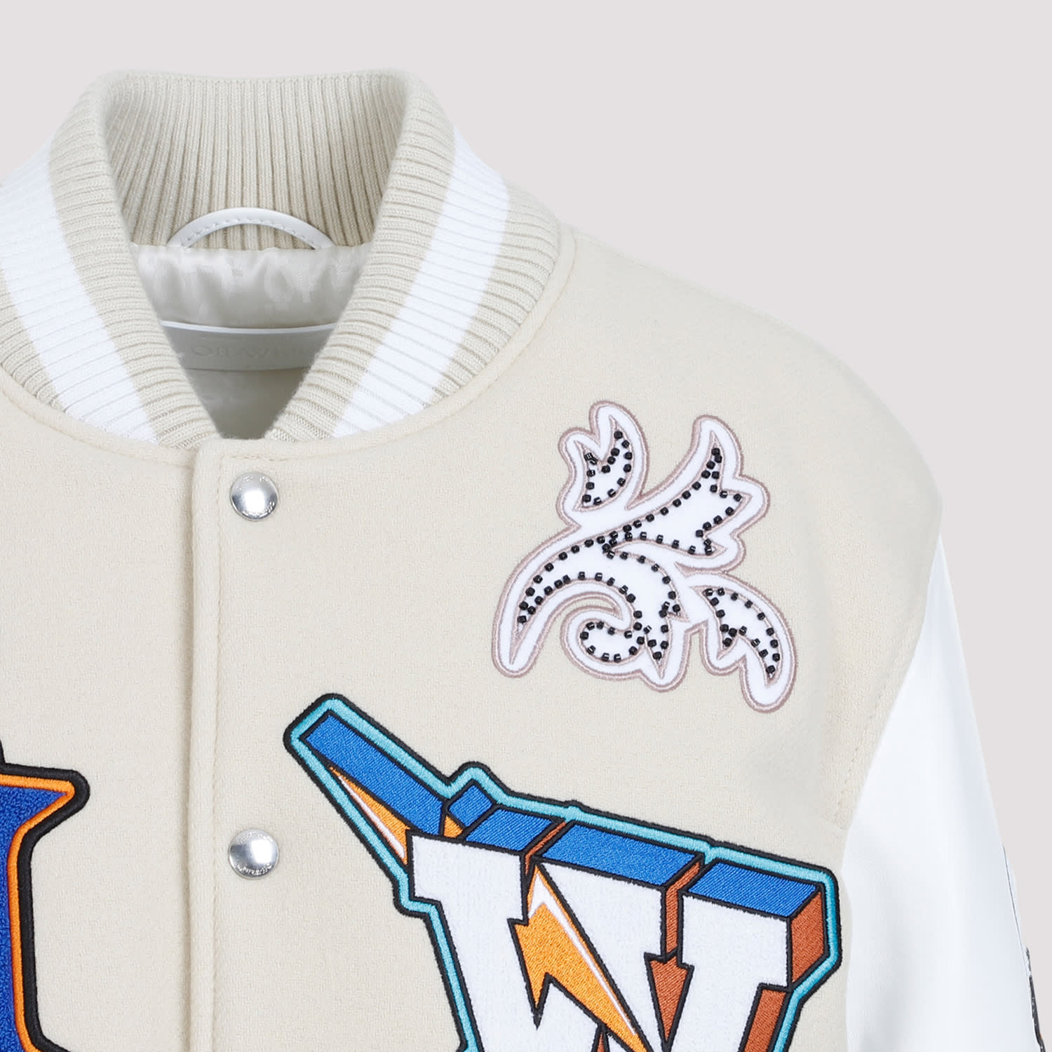 Shop Off-white Thunderbolt Varsity Bomber Jacket In Beige White