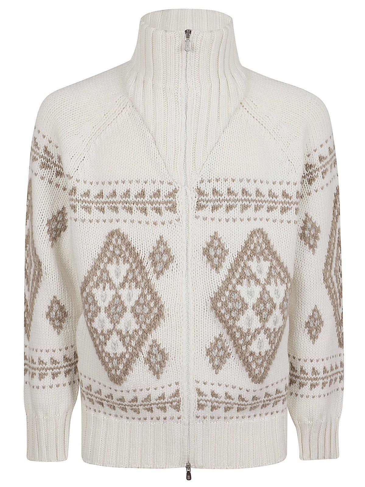 Shop Brunello Cucinelli High-neck Intarsia-knit Cardigan In Panama/beige/grigio Perla