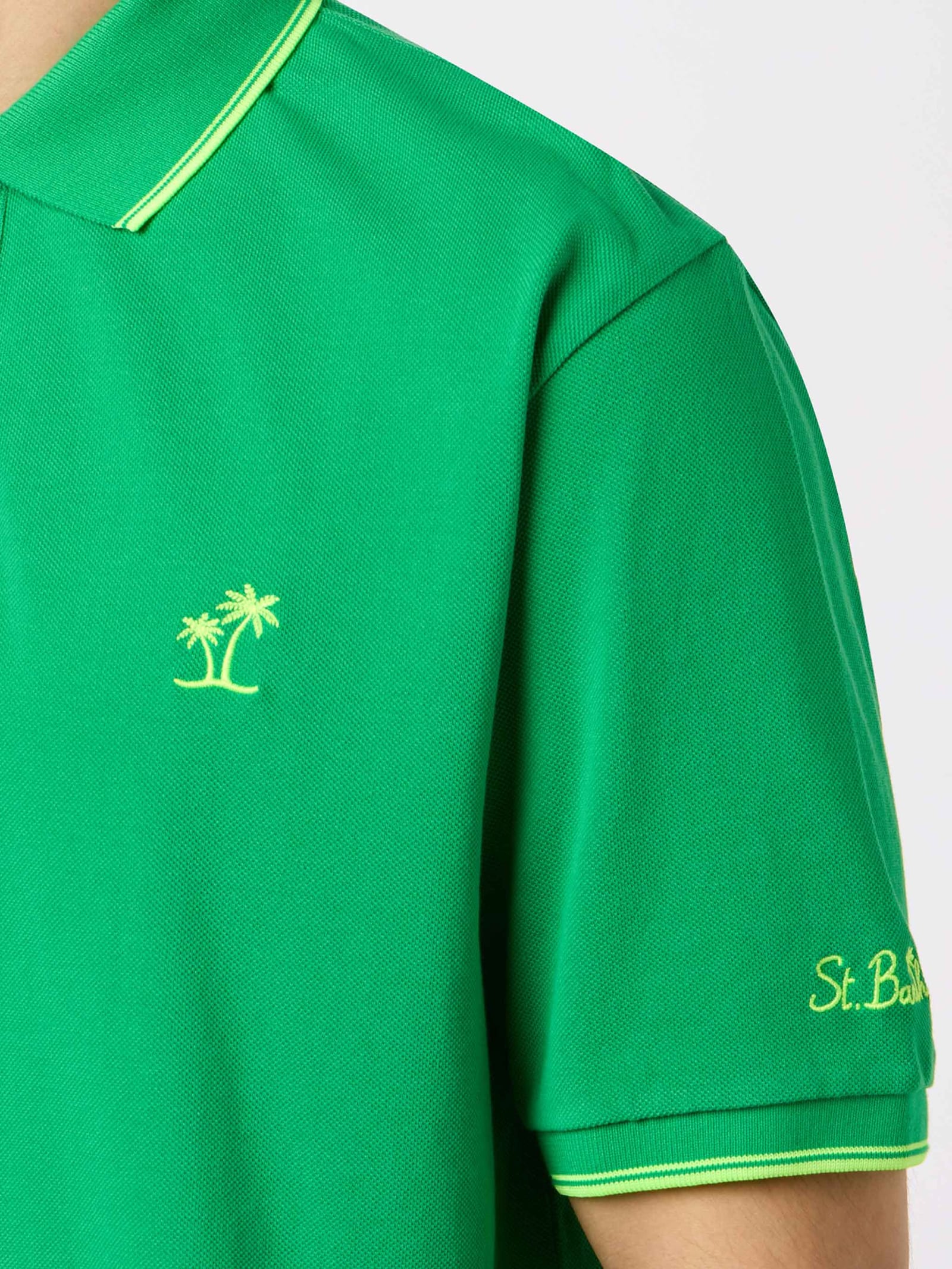 MC2 SAINT BARTH MAN GREEN COTTON PIQUET POLO SHIRT BEVERLY HILLS WITH PALM EMBROIDERY