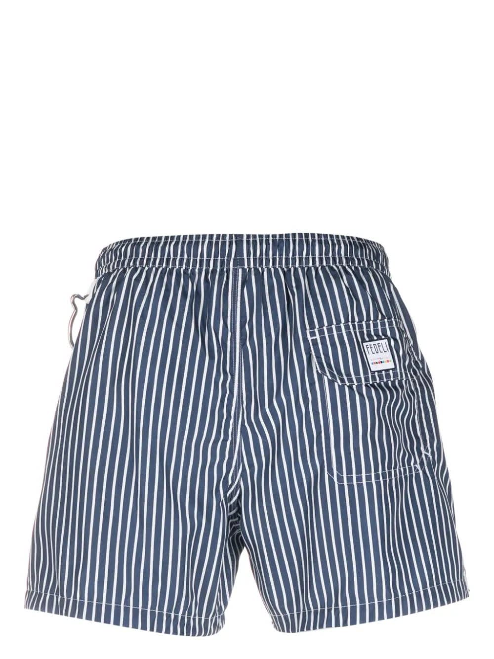 Shop Fedeli Navy Blue And White Striped Swim Shorts