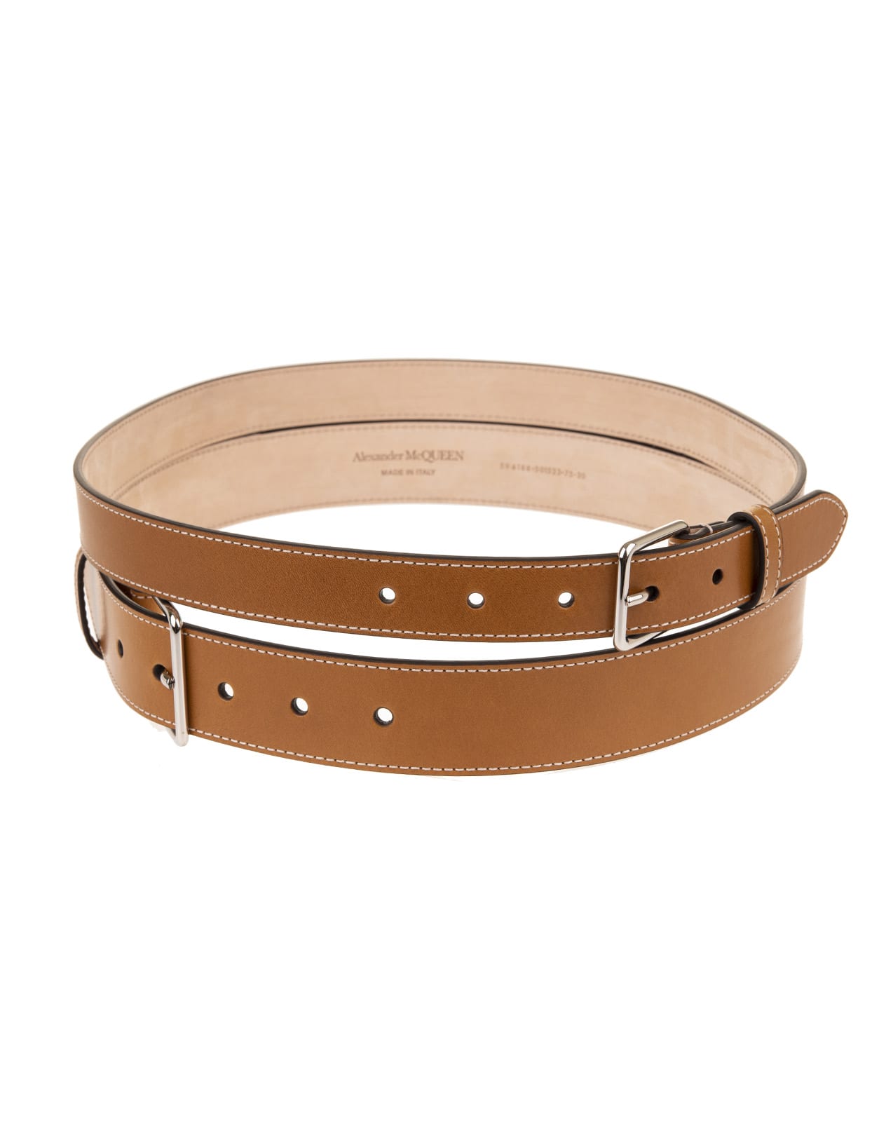 Alexander McQueen Double Belt In Smooth Brown Leather With Silver Buckles