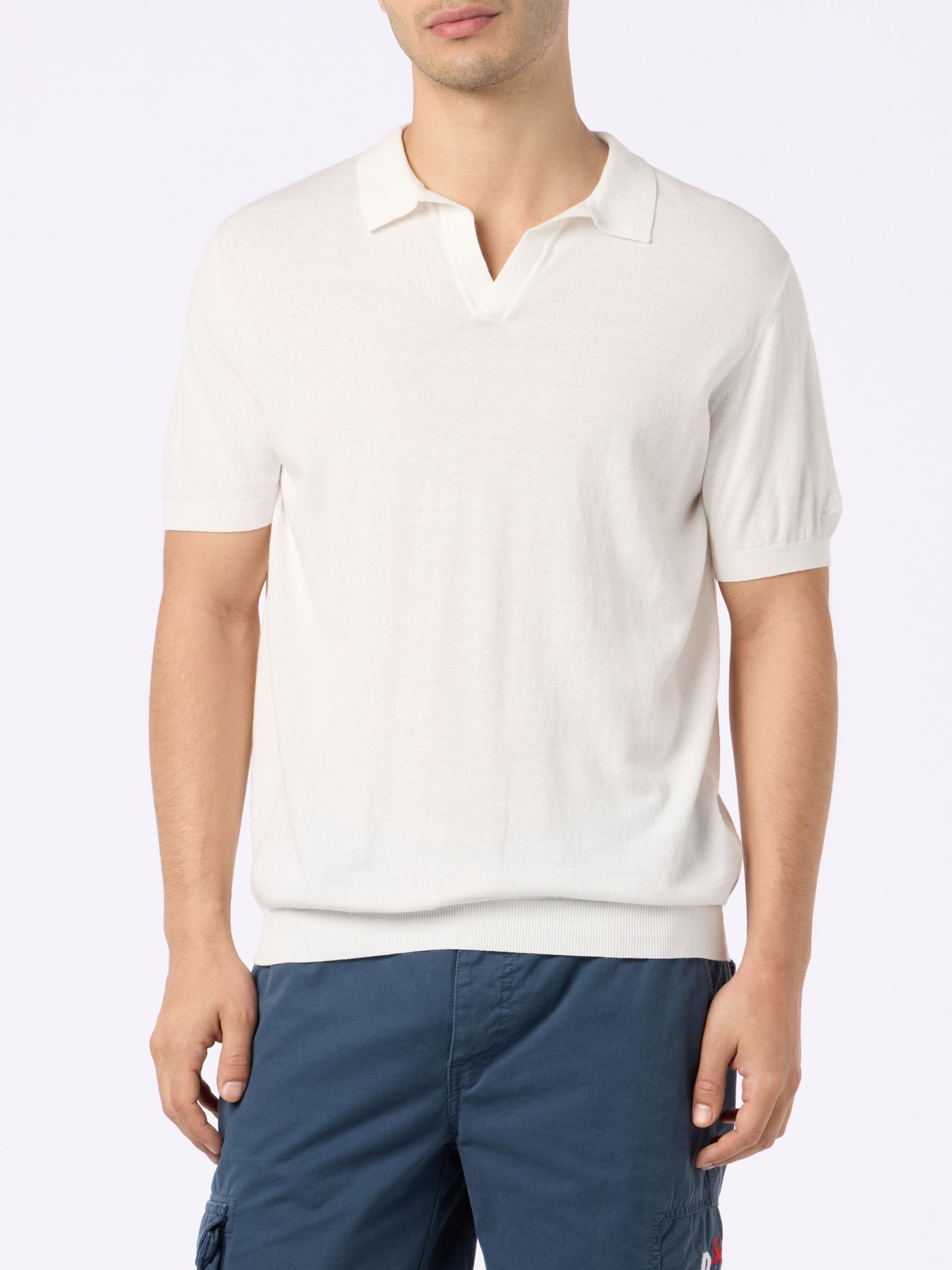 Mc2 Saint Barth Man Off-cream Knitted Polo Shirt Sloan In White