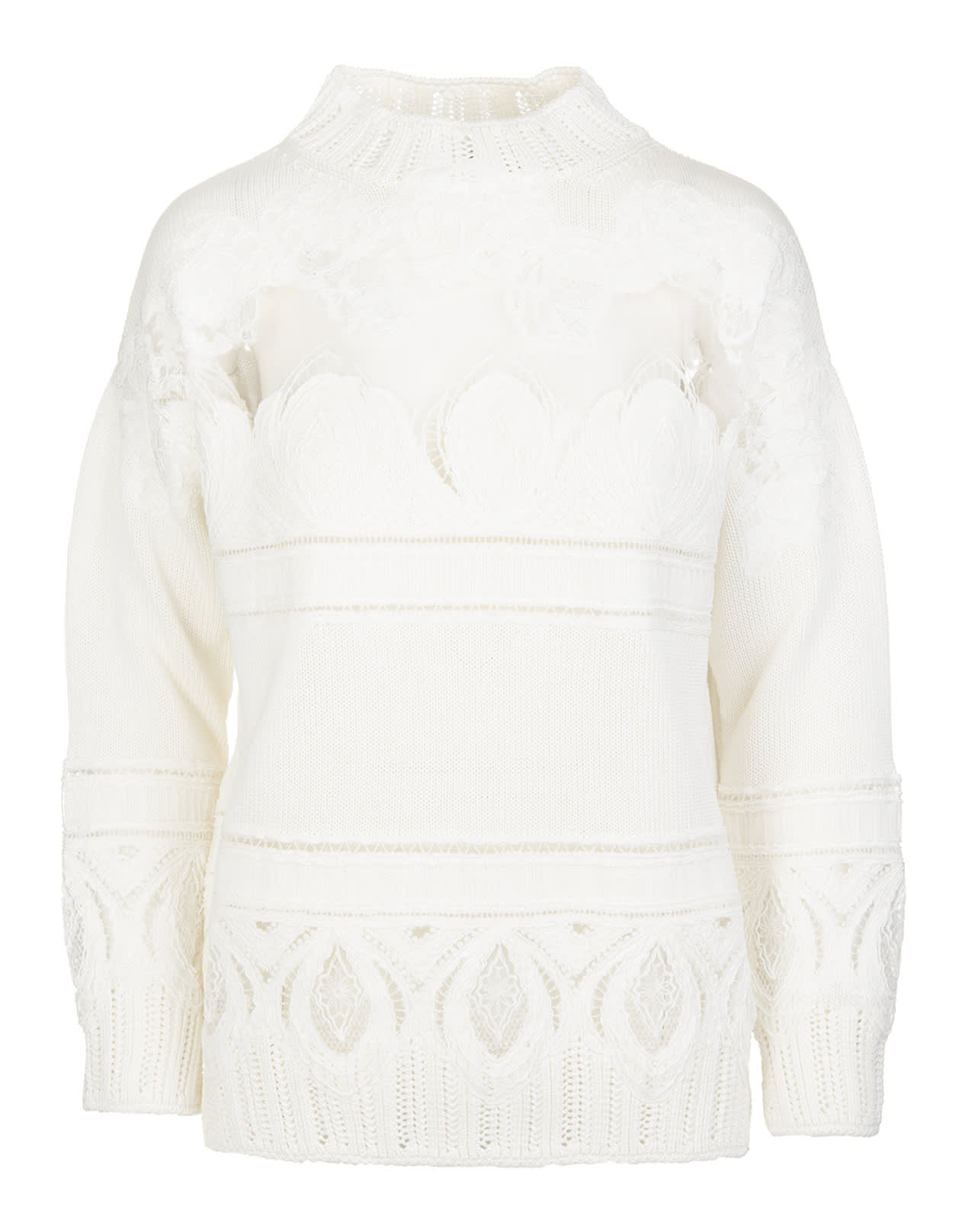 Ermanno Scervino White Half Neck Sweater In Cotton And Lace