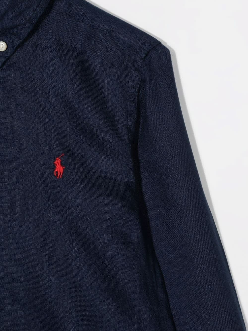 Shop Ralph Lauren Navy Blue Linen Shirt With Embroidered Pony