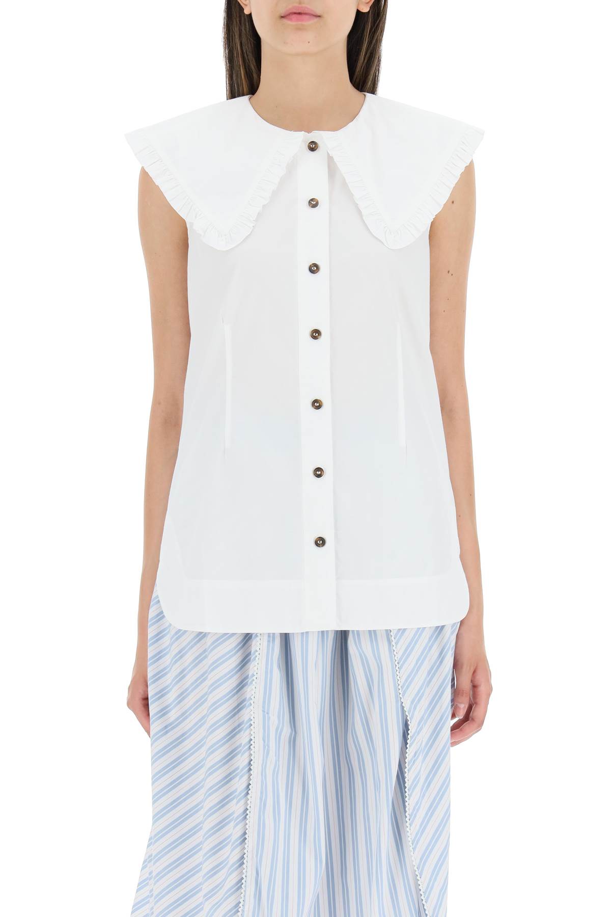 Shop Ganni Cotton Sleeveless Shirt With Oversized Collar In White