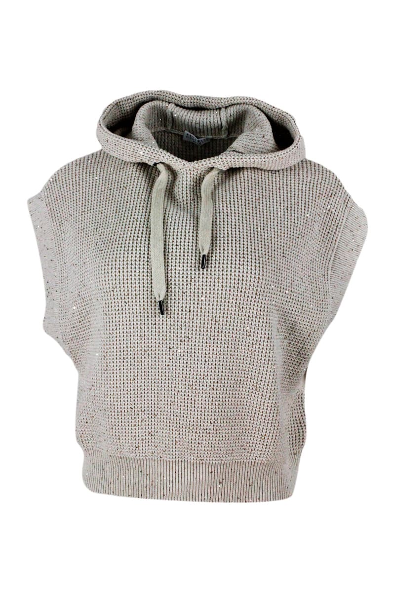 Brunello Cucinelli Cropped Sleeveless Sweater With Hood And Adjustable Drawstring In Cotton With English Rib Knit Embellished With Sequins