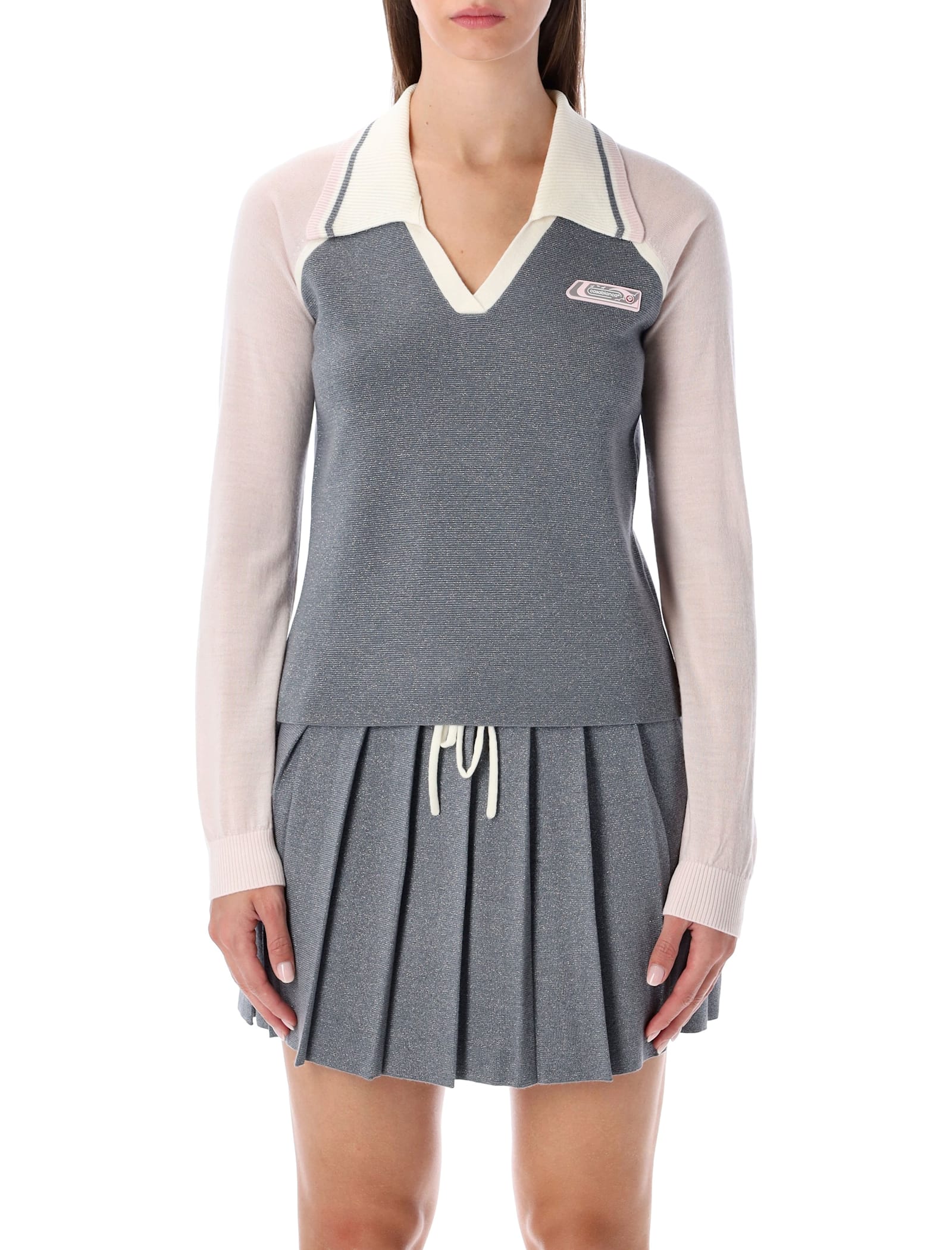 Casablanca Color-block Merino Polo Shirt With Classic Collar And Logo Patch In Gray