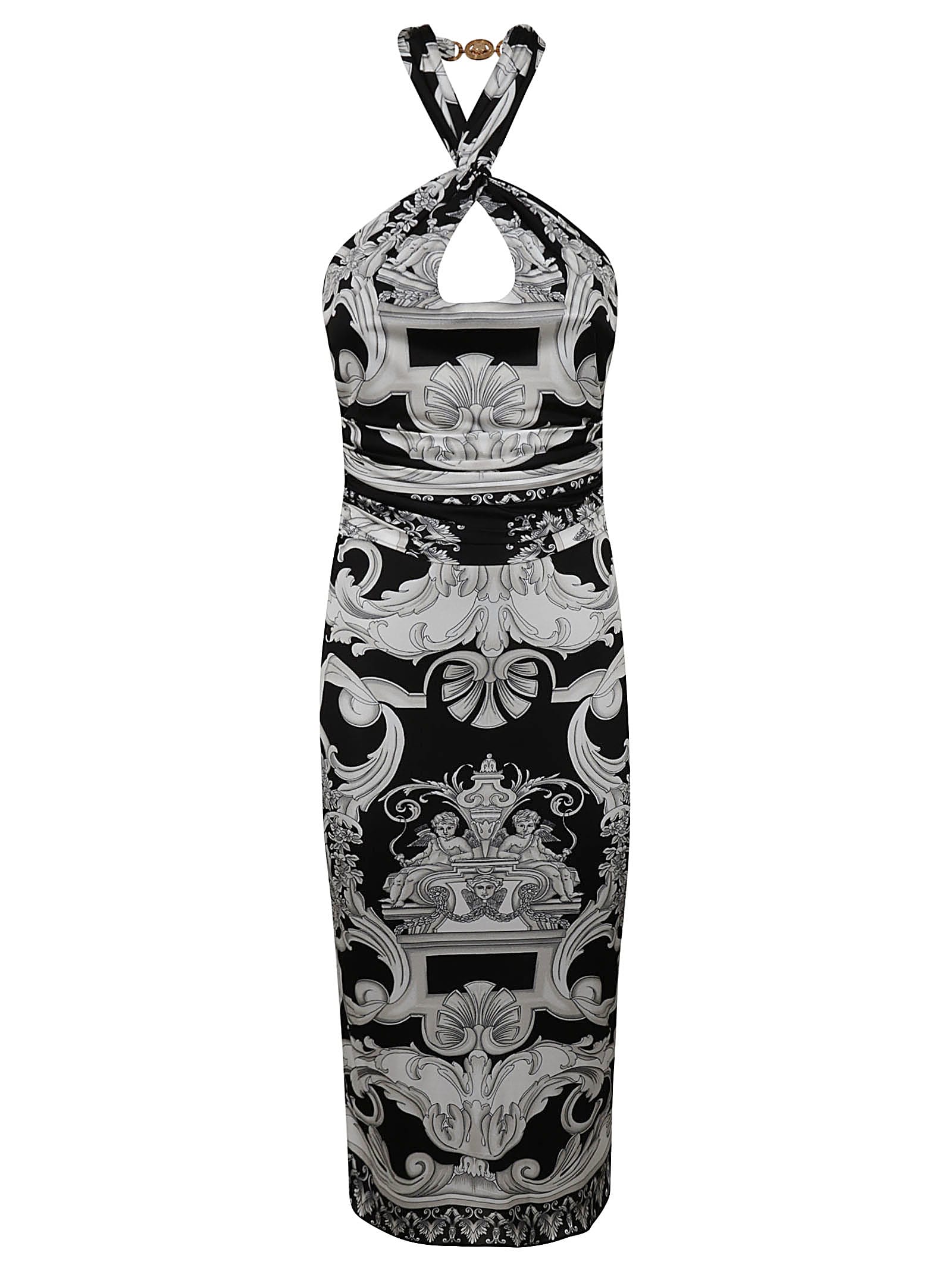 Versace Baroque Print Cross-neck Slim Dress