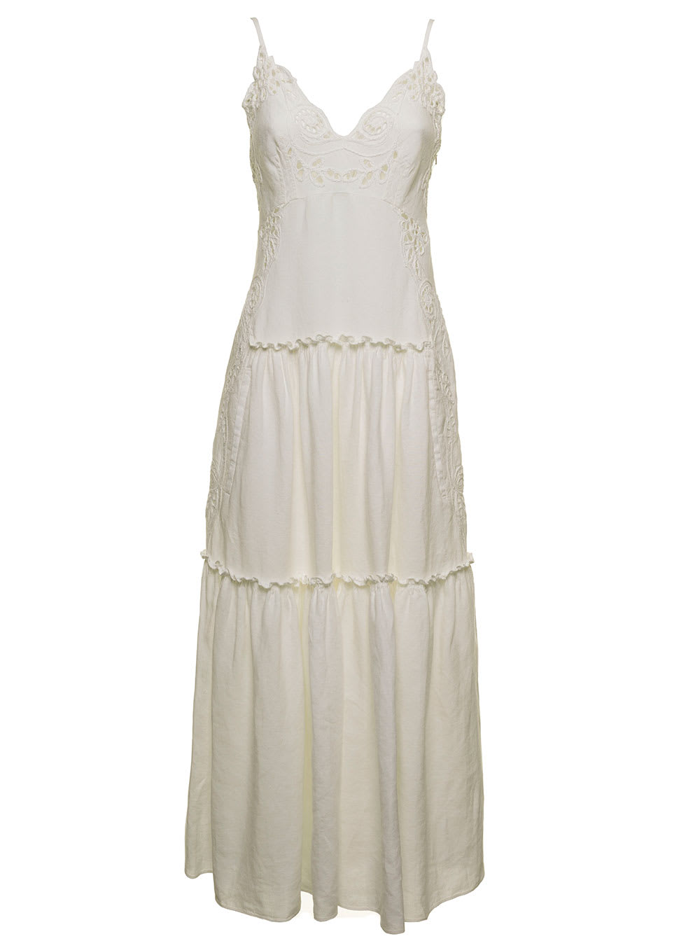 Alberta Ferretti White Linen Long Dress With Embroidered Inserts