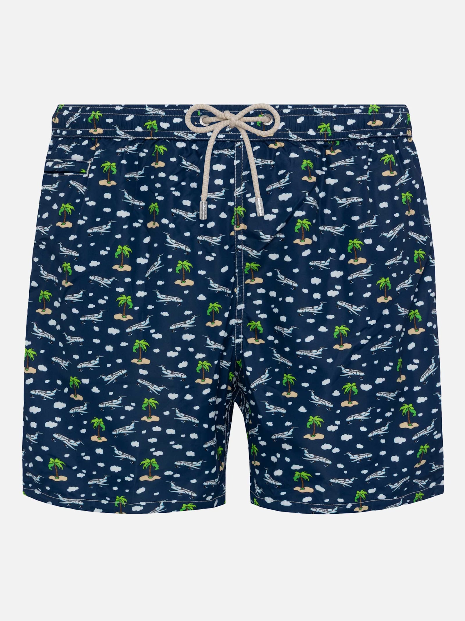 Mc2 Saint Barth Lightweight Fabric Swim Shorts Lighting With Palms And Planes Print In Blue Navy