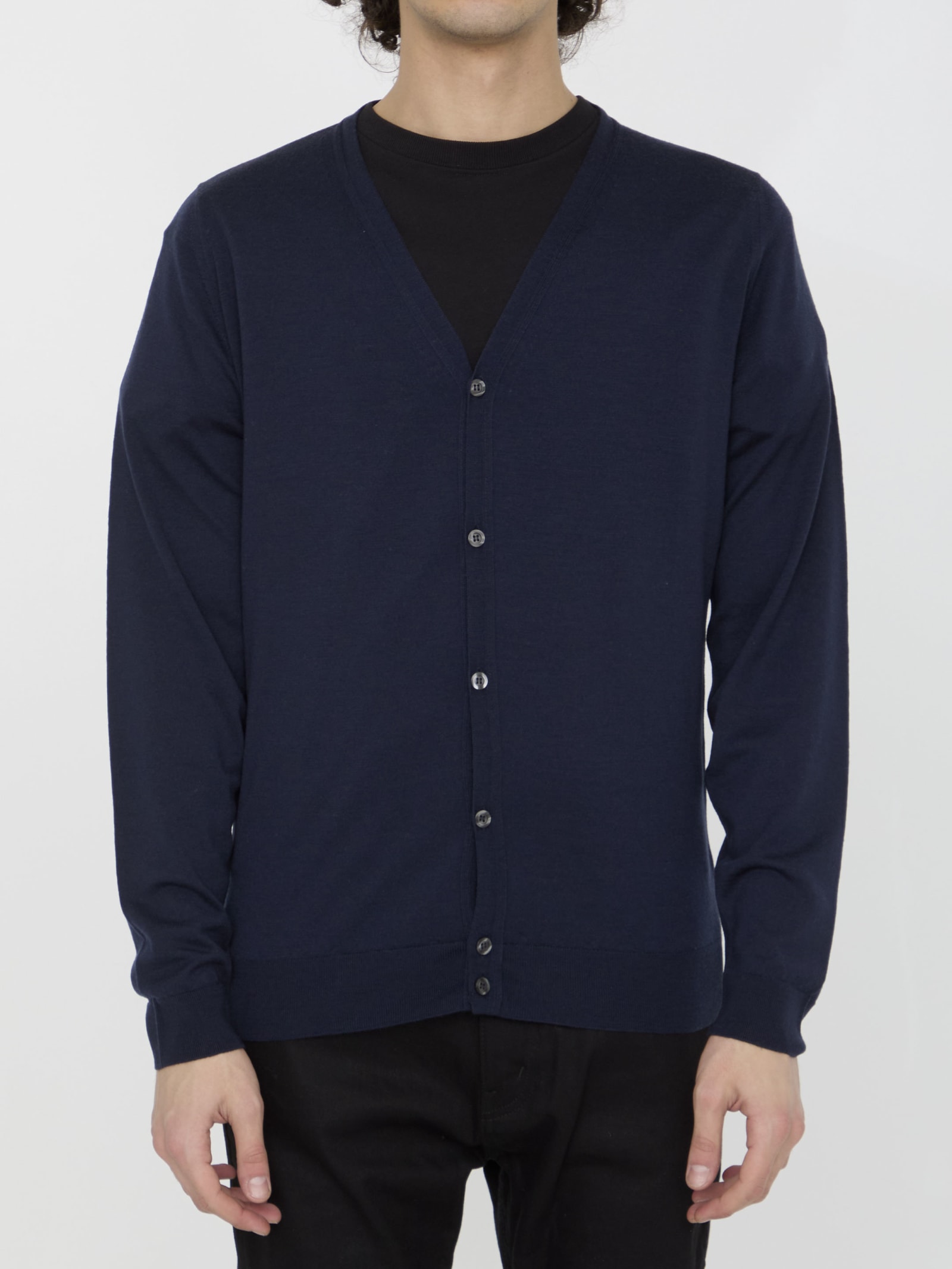 John Smedley V-neck Wool Cardigan With Ribbed Cuffs And Hem In Gold