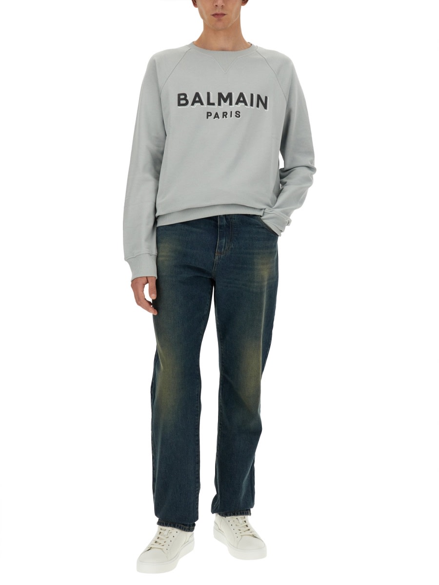 Shop Balmain Flocked Logo Sweatshirt In Grey