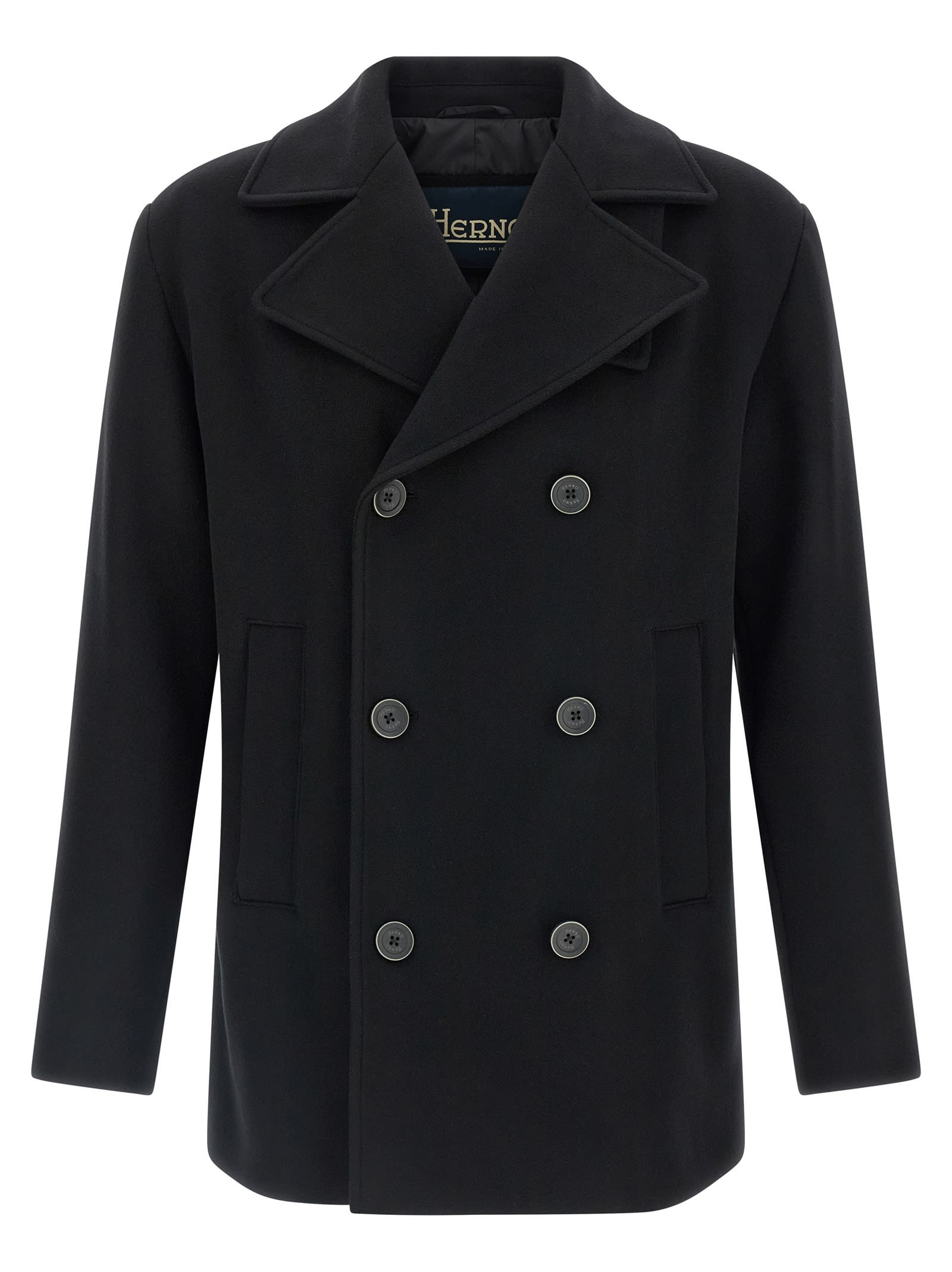 Herno Double-breasted Wool Coat Side Pockets In Black