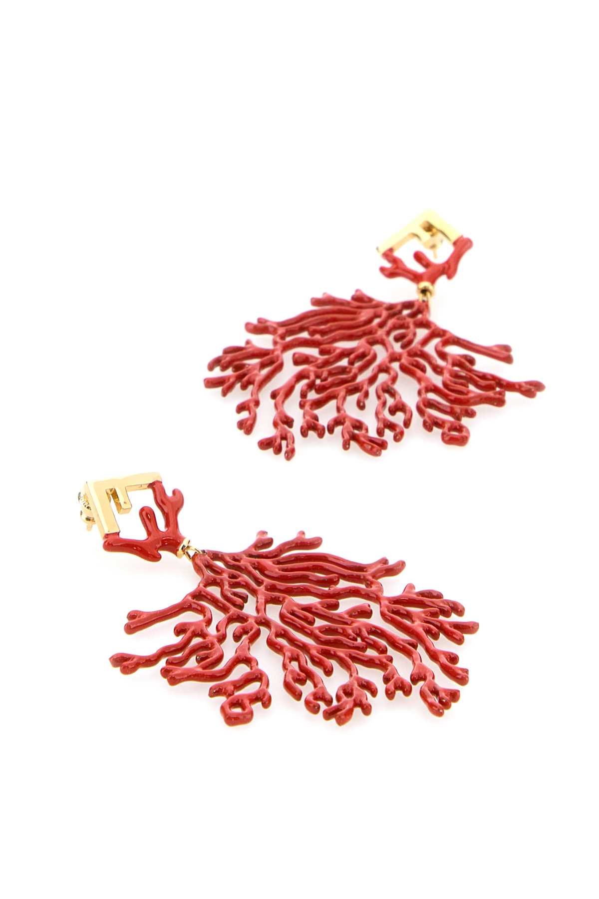 Fendi Metal Drop Earrings With Coral Motif In Red