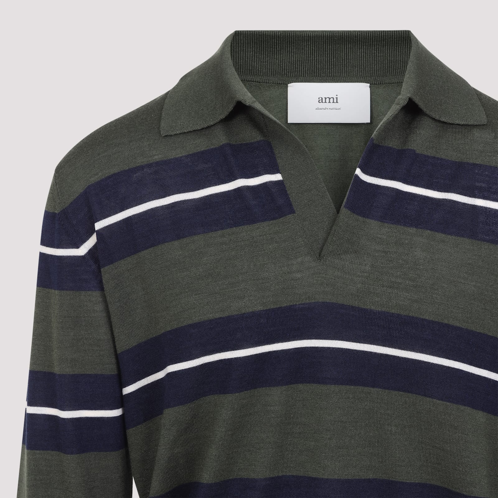 Ami Alexandre Mattiussi Ami Paris Green Polo With All-over Striped Motif And Polo-style Collar In Wool And Silk Blend Man In Loden Navy White Cream
