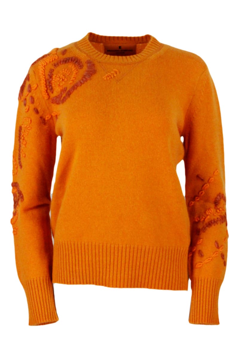 Ermanno Scervino Cashmere Crewneck Sweater With Embroidery On The Sleeve