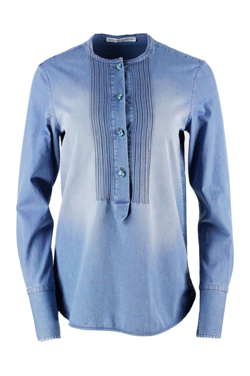 Ermanno Scervino Shirt With Mandarin Collar In Denim Cotton With Jewel Buttons