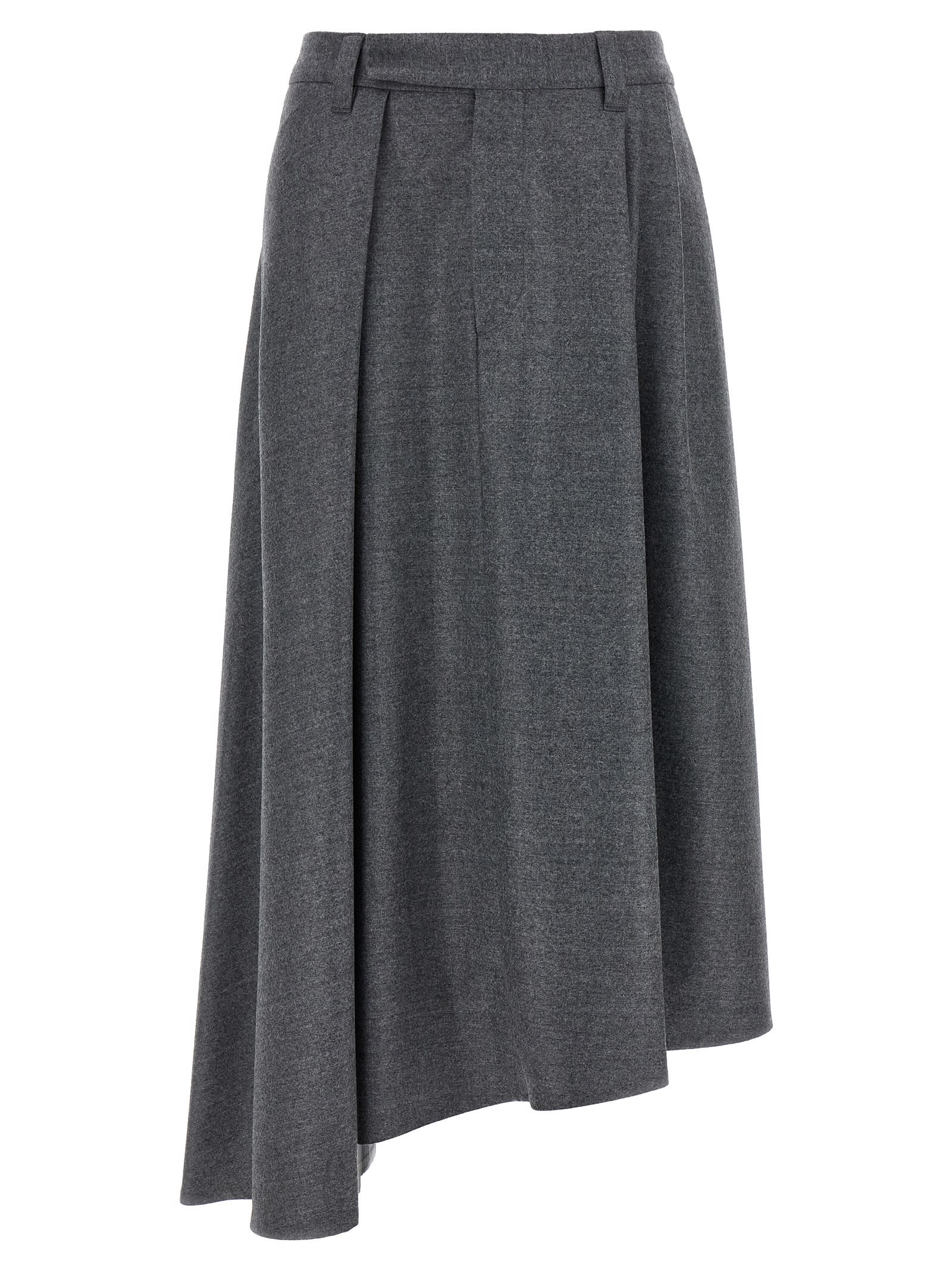 Brunello Cucinelli Wool Skirt With Asymmetrical Hem And Pleated Design In Gray