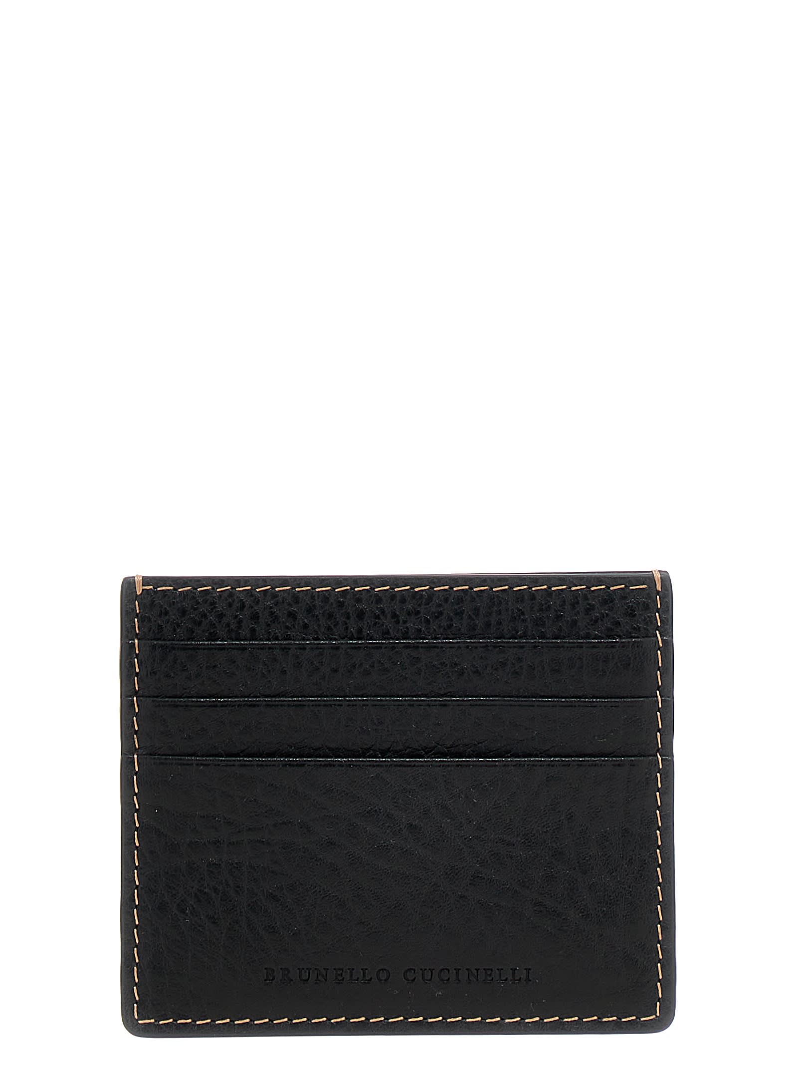 Brunello Cucinelli Compact Textured Cardholder Contrast Stitching In Black