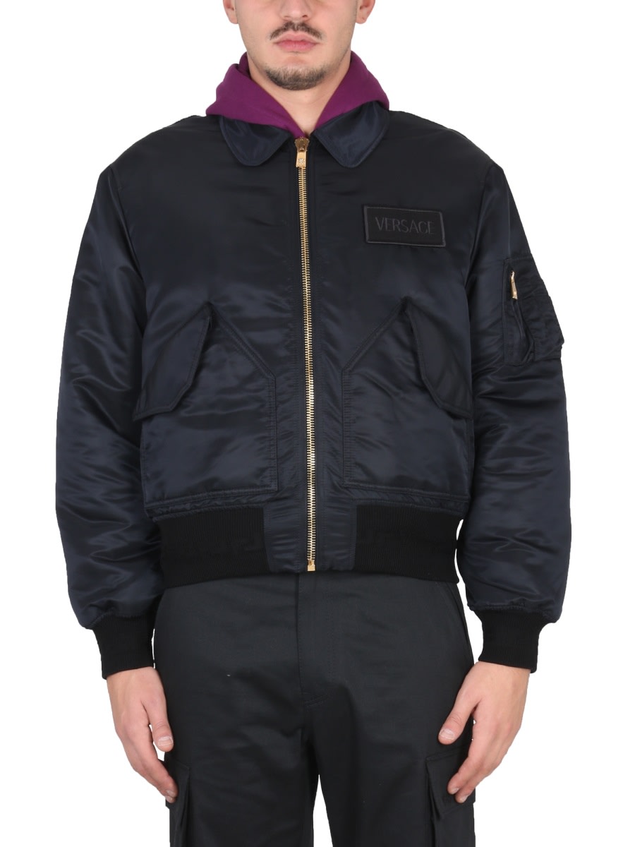 Versace Bomber Jacket With Applied Logo In Black