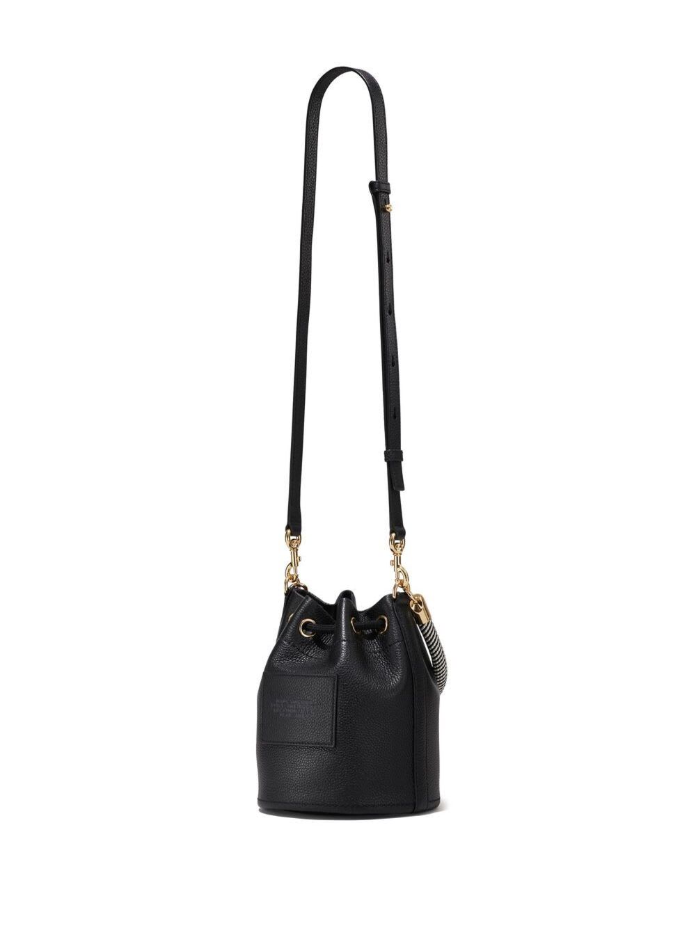 Shop Marc Jacobs The Leather Bucket Black Handbag With Drawstring And Front Logo In Hammered Leather Woman