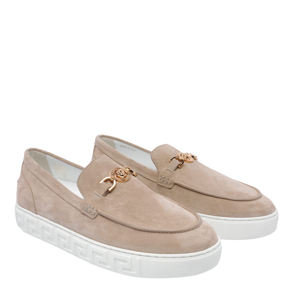 Shop Versace Medusa 95 Suede Greca Loafers In Beige