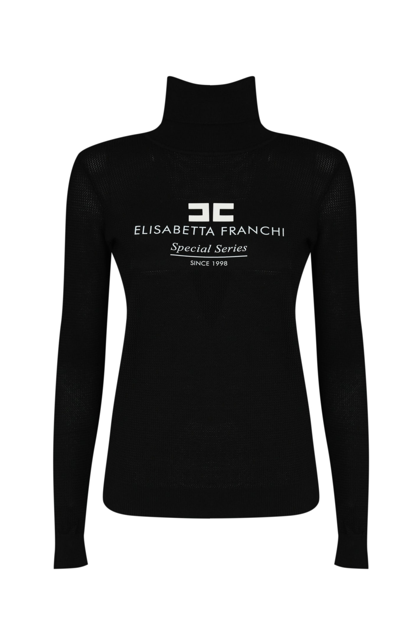 Shop Elisabetta Franchi Turtleneck In Mesh Stitch Viscose Knit With Logo Inlay In Nero