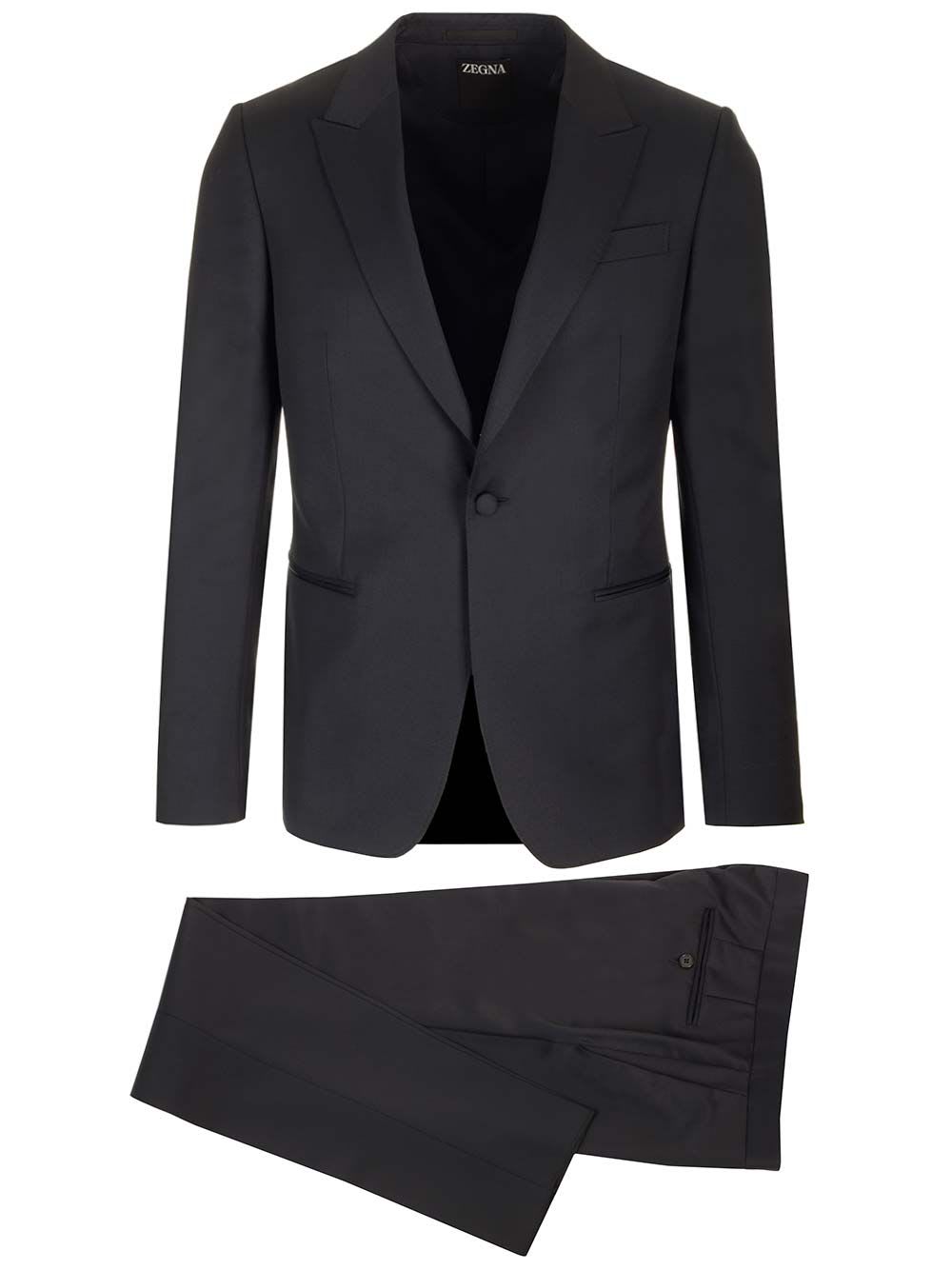 Navy Blue Solid Wool And Mohair Tailored Evening Suit