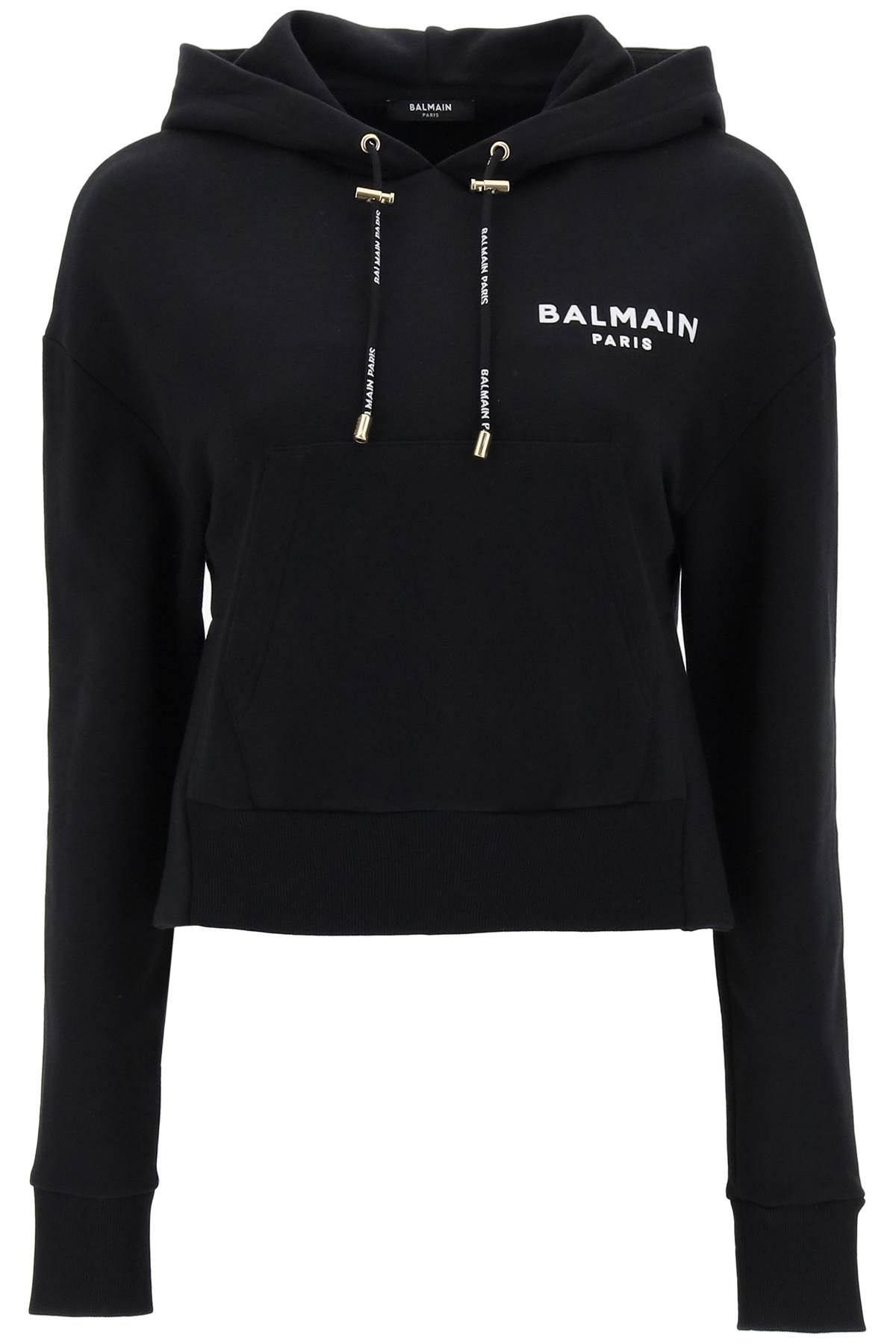 Shop Balmain Cropped Sweatshirt With Flocked Logo Print In Noir Blanc (black)