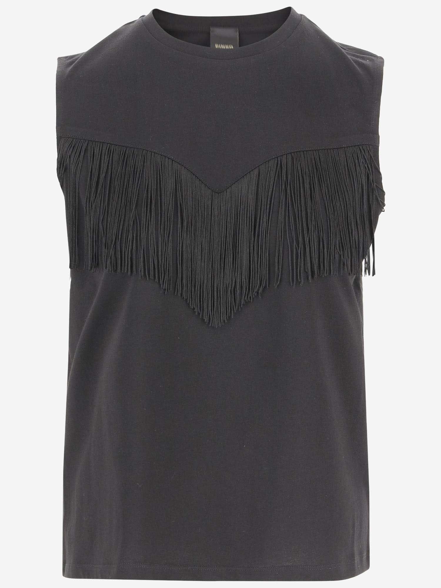 Shop Pinko Fringed Cotton Top In Black