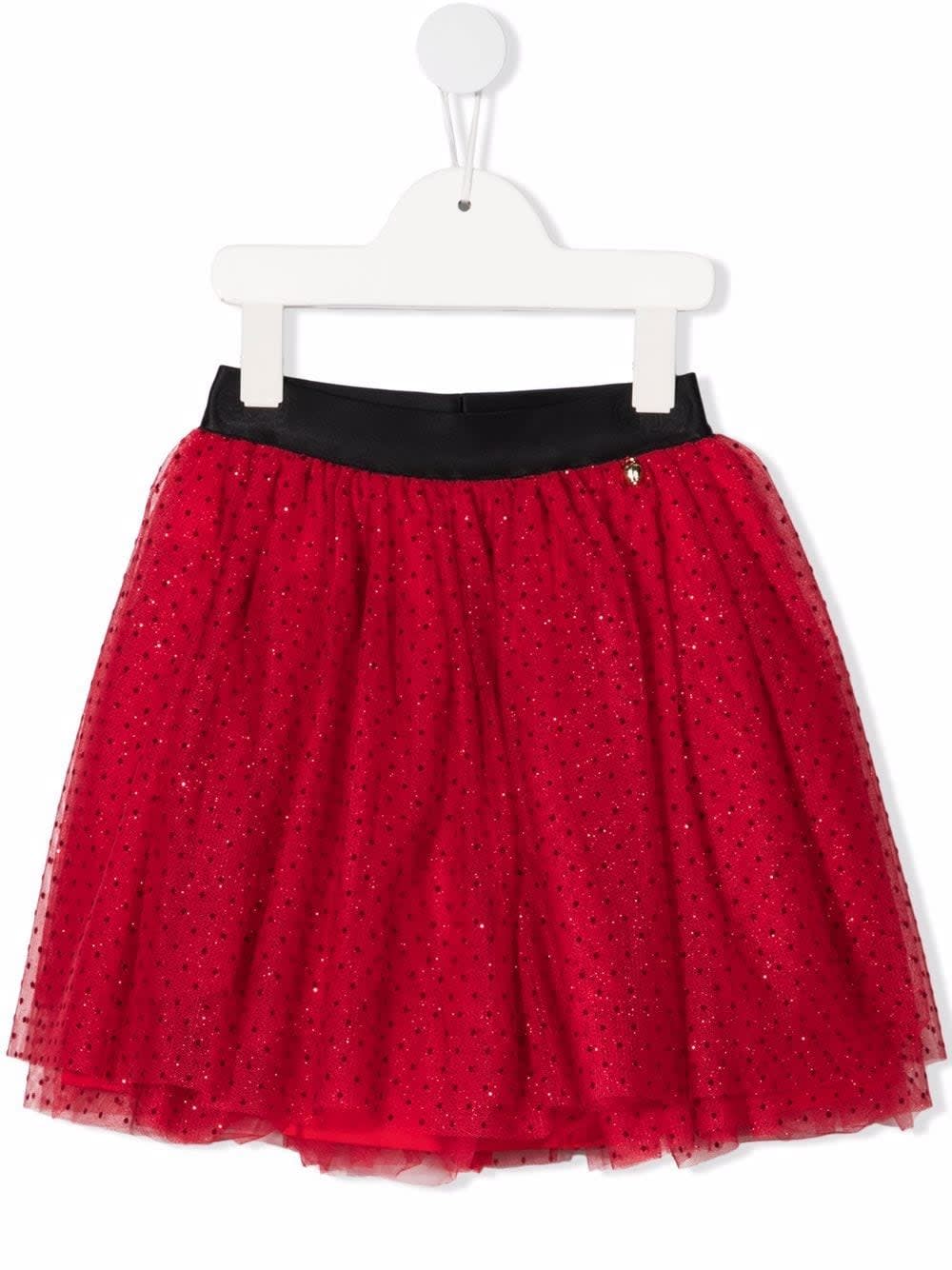 Simonetta Kids Shirt In Red Tulle With Black Polka Dots