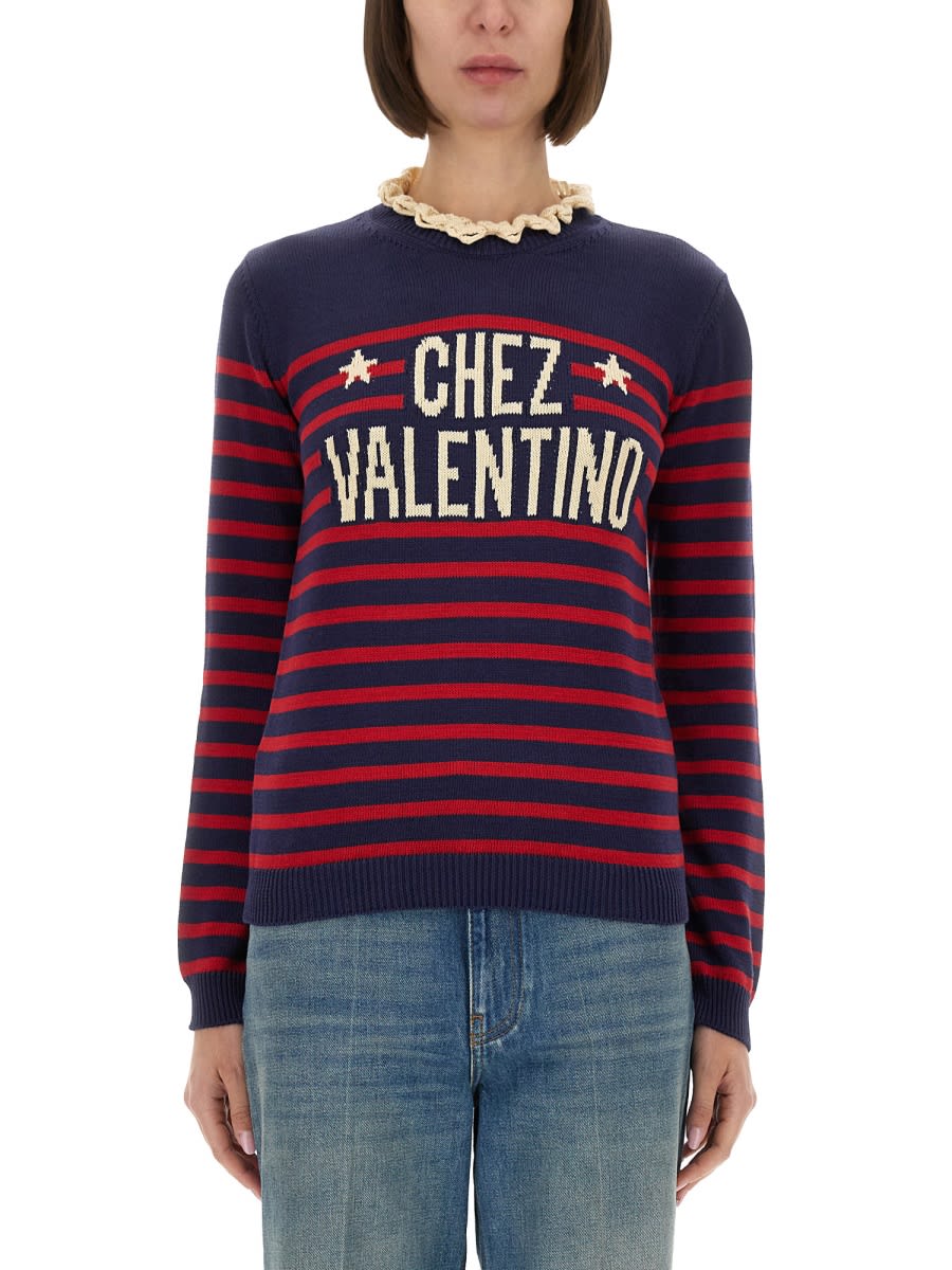 Valentino Knitwear Sweater Asymmetric Neck Design In Blue
