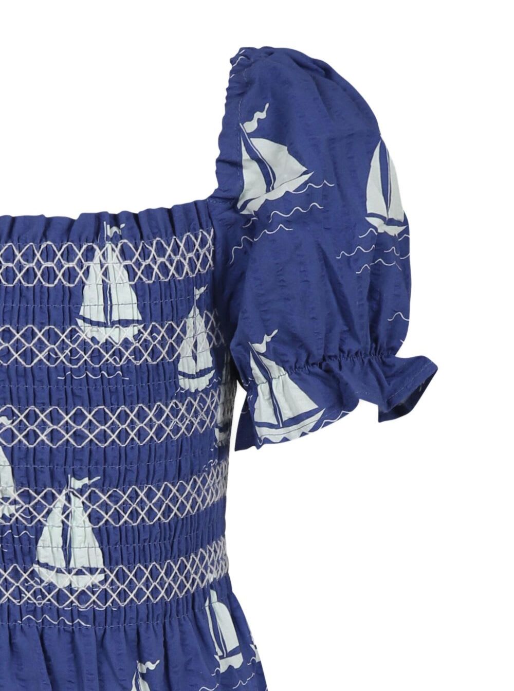 Shop Mini Rodini Blue Dress With Square Neckline And All-over Boat Print In Cotton Girl