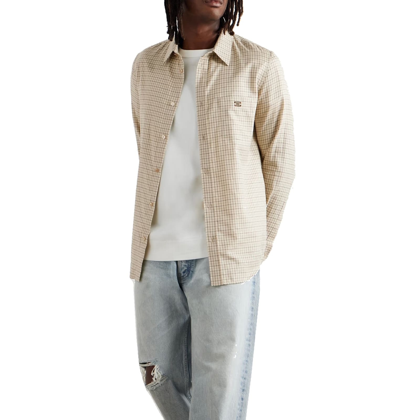 Celine Logo-embroidered Checked Cotton Shirt Men In Nude