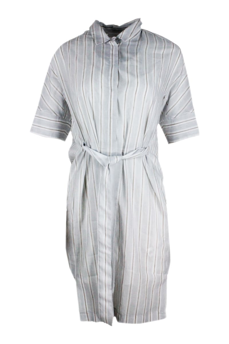 Fabiana Filippi Long Shirt Dress With Short Sleeves In Cotton And Linen With Concealed Snap Buttons And Belt. Striped Pattern