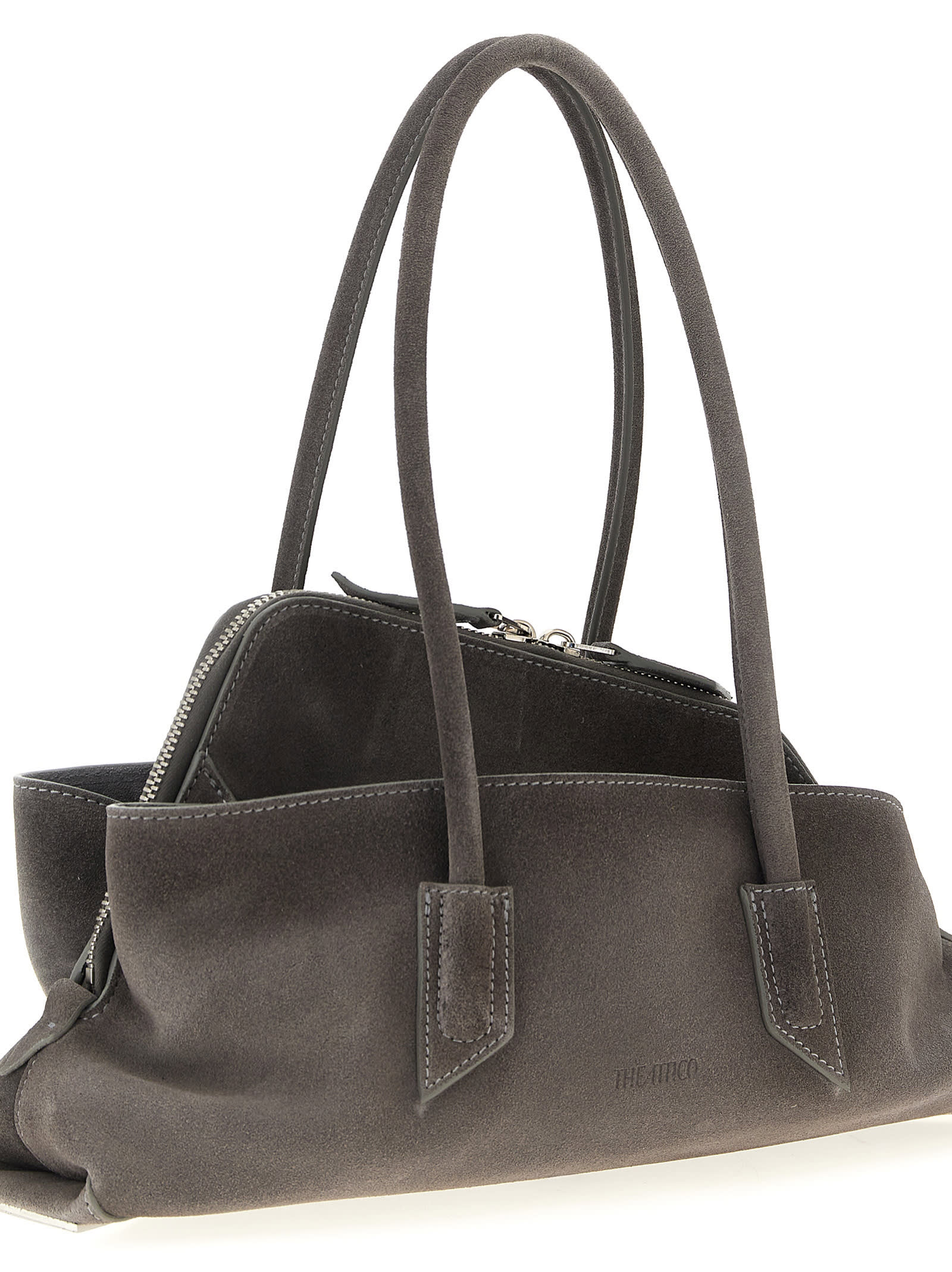 Attico Small Leather Shoulder Bag With Suede Finish In Gray