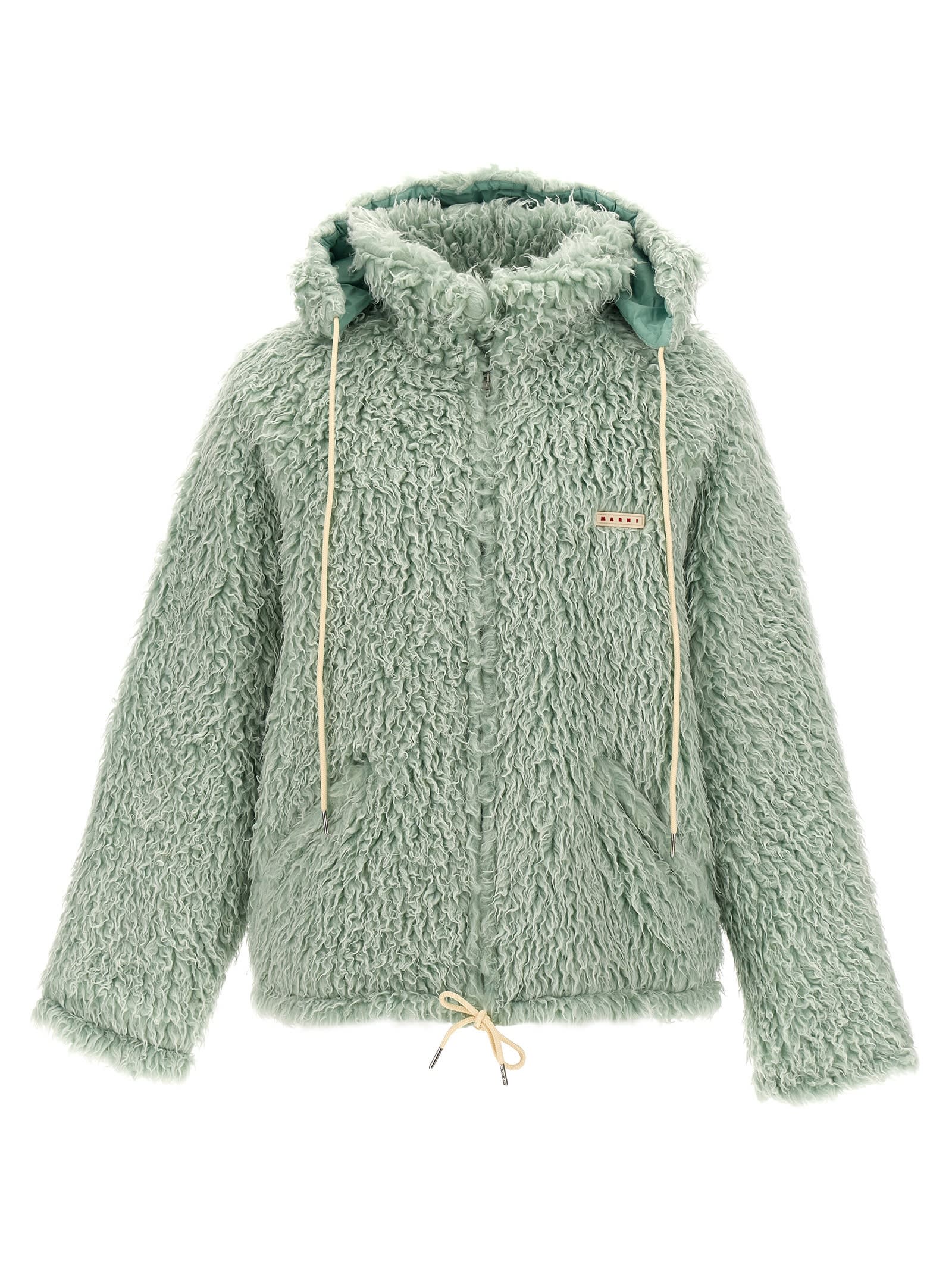 Shop Marni Long Pile Shaggy Hooded Jacket In Green