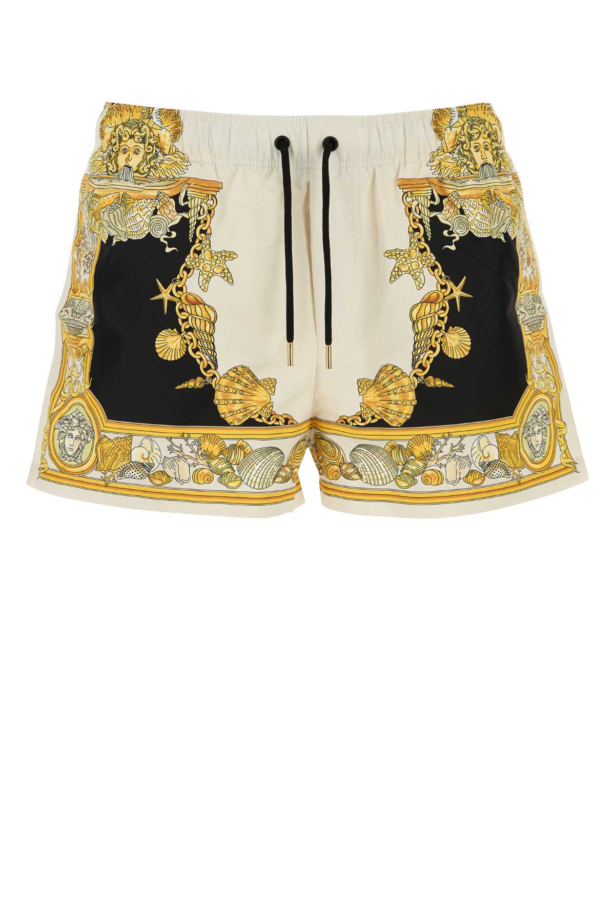 Versace Mid-length Swim Shorts With Decorative Print And Elastic Waistband In Black