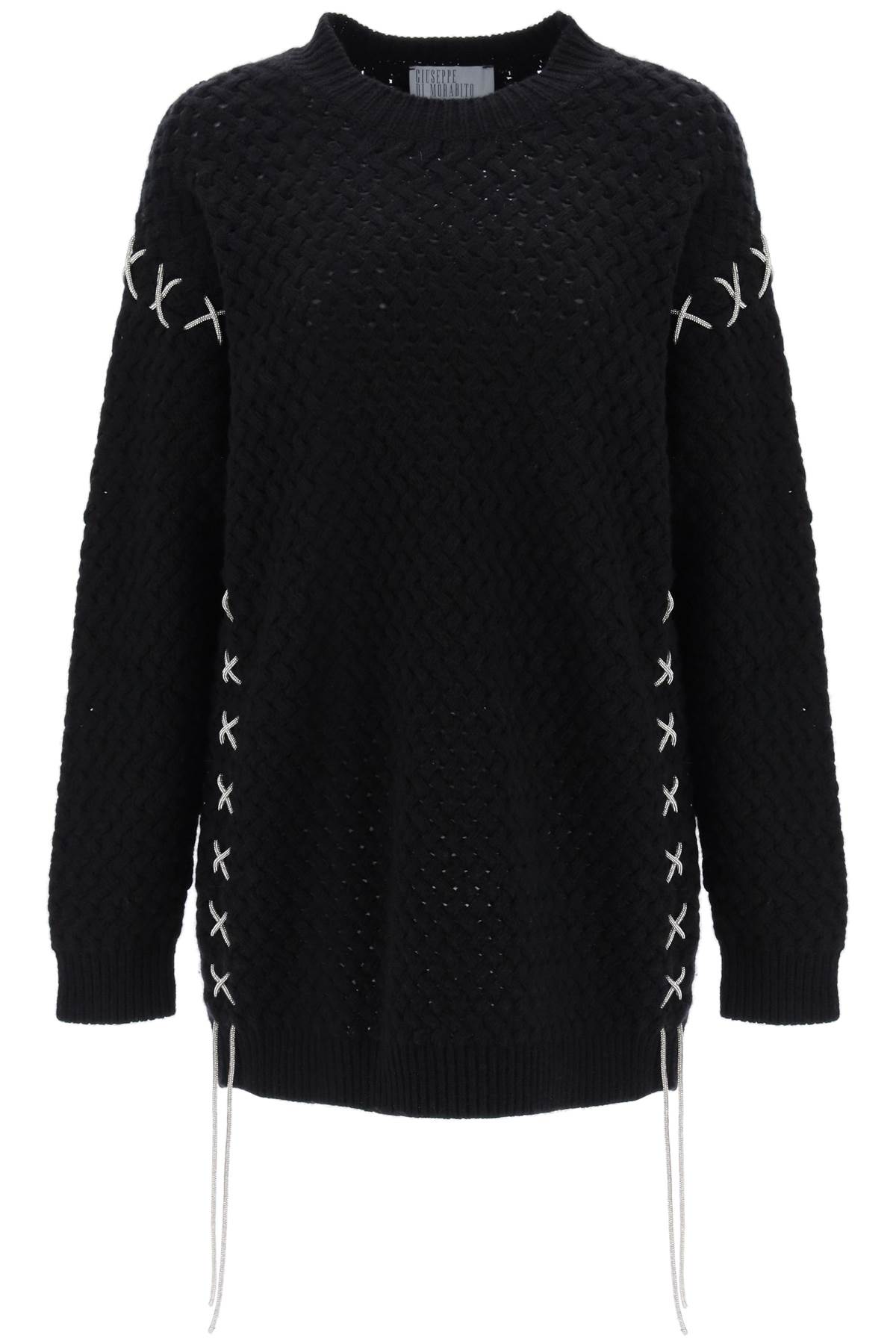Shop Giuseppe Di Morabito Knitted Mini Dress With Rhinestone-studded Tubular In Black (black)