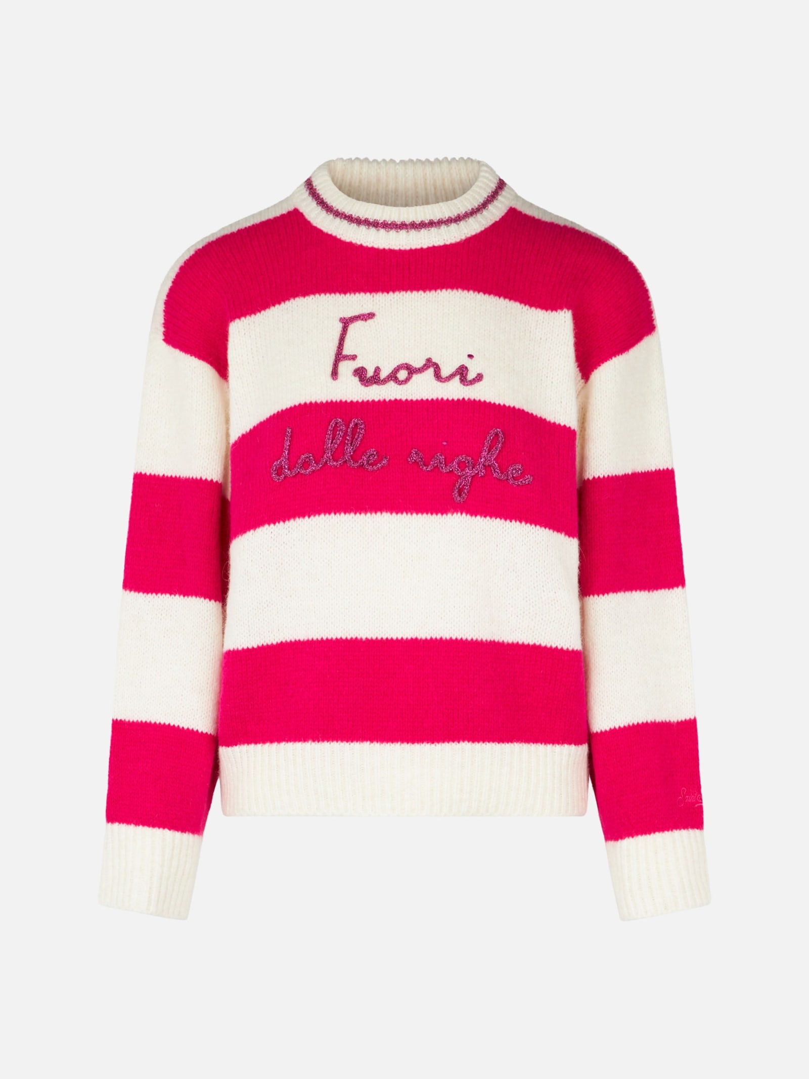 Mc2 Saint Barth Woman Boxy Shape Soft Sweater With Fuori Dalle Righe Embroidery In White