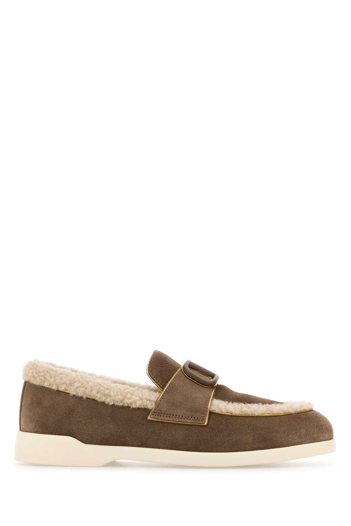 Shop Valentino Two-tone Suede And Teddy Fabric Vlogo Loafers In Clayantiquebrasslightnaturale