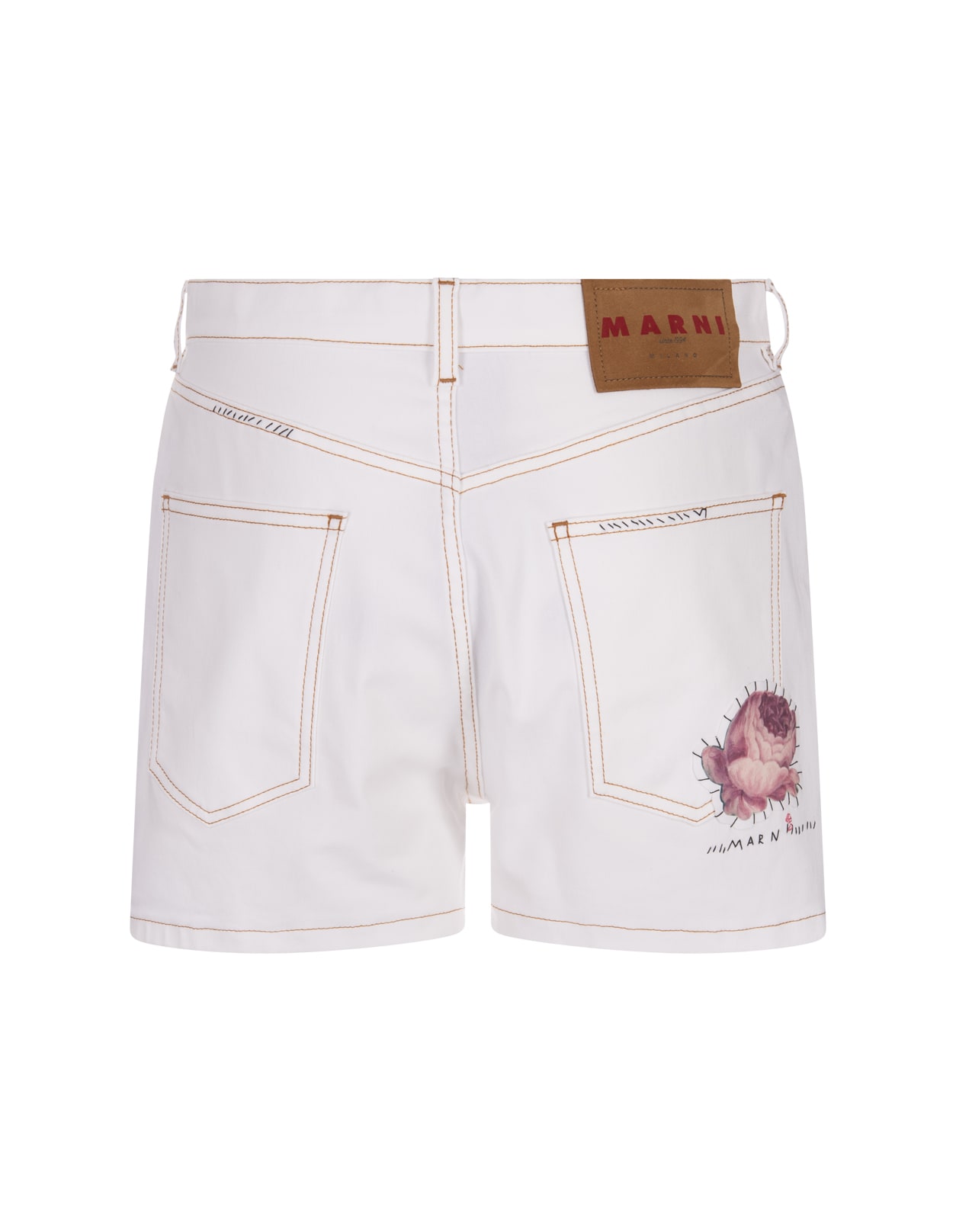 Shop Marni White Denim Shorts With Flower Appliqué