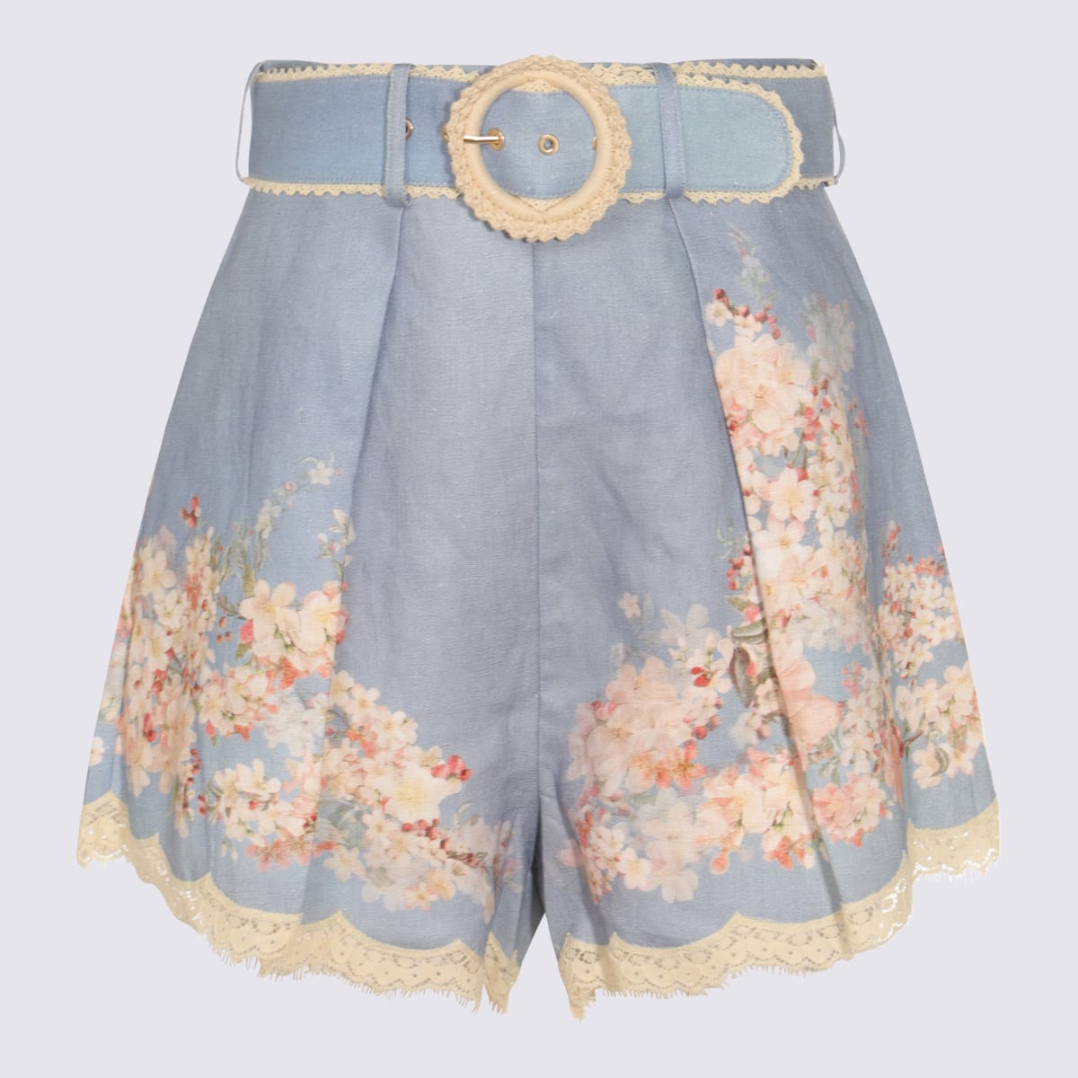 Zimmermann Cascadian Belted Lace-trimmed Pleated Floral-print Linen Shorts In Blue