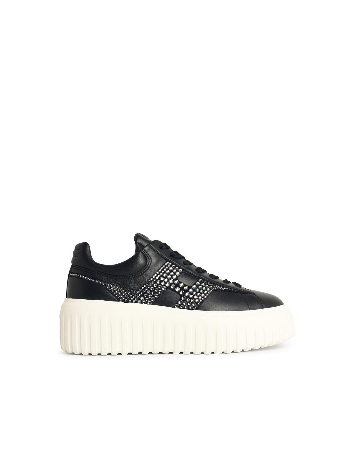 Hogan Leather Sneakers With Platform Sole And Embellished Stripes In Black