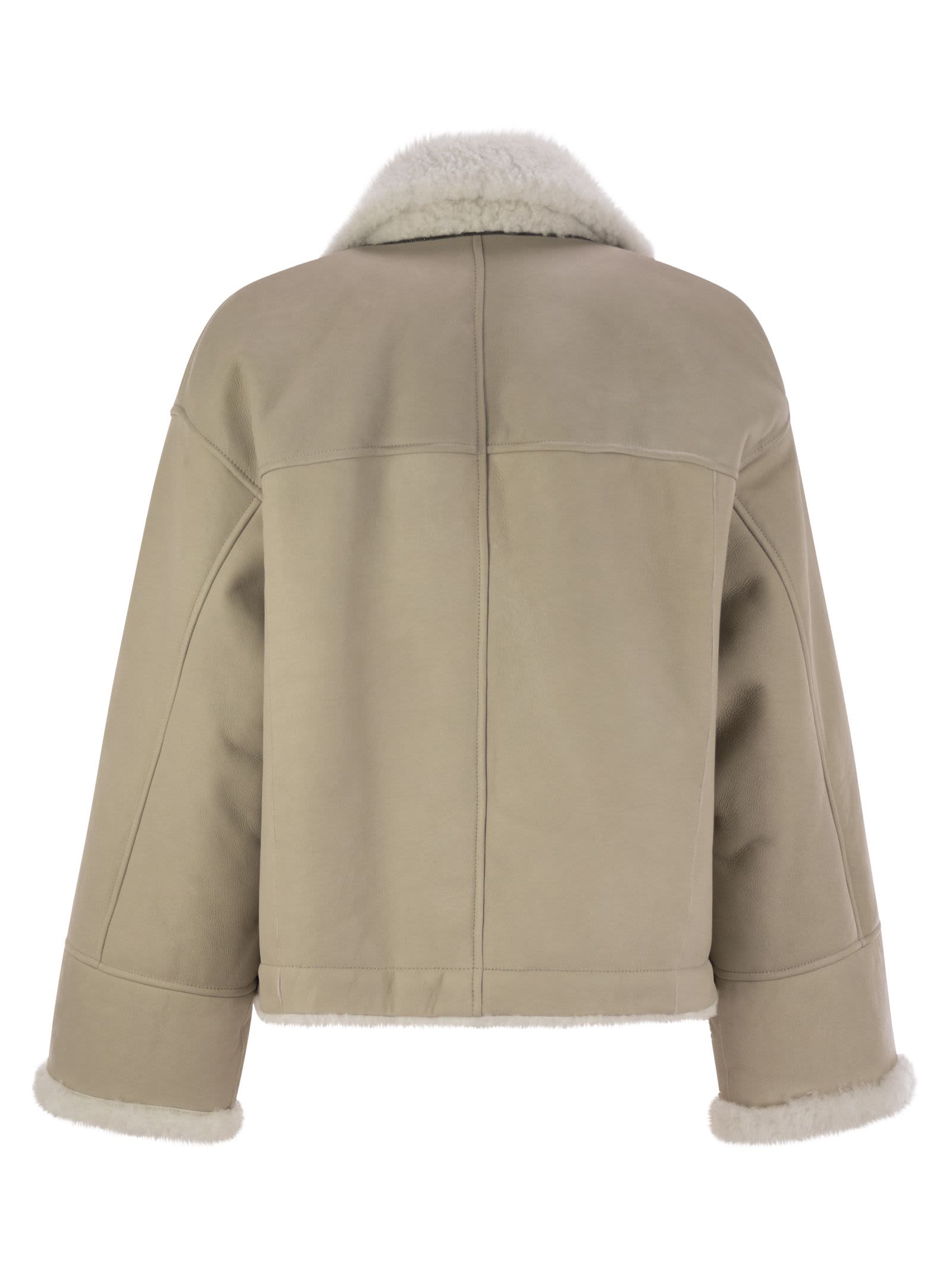 Shop Brunello Cucinelli Reversible Fuzzy Shearling Outerwear With Jewellery In Oat