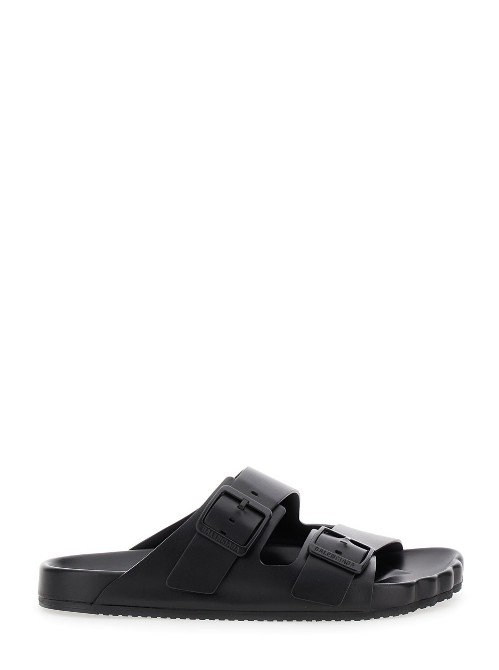 Shop Balenciaga Sunday Black Sandals With Engraved Logo In Leather Woman