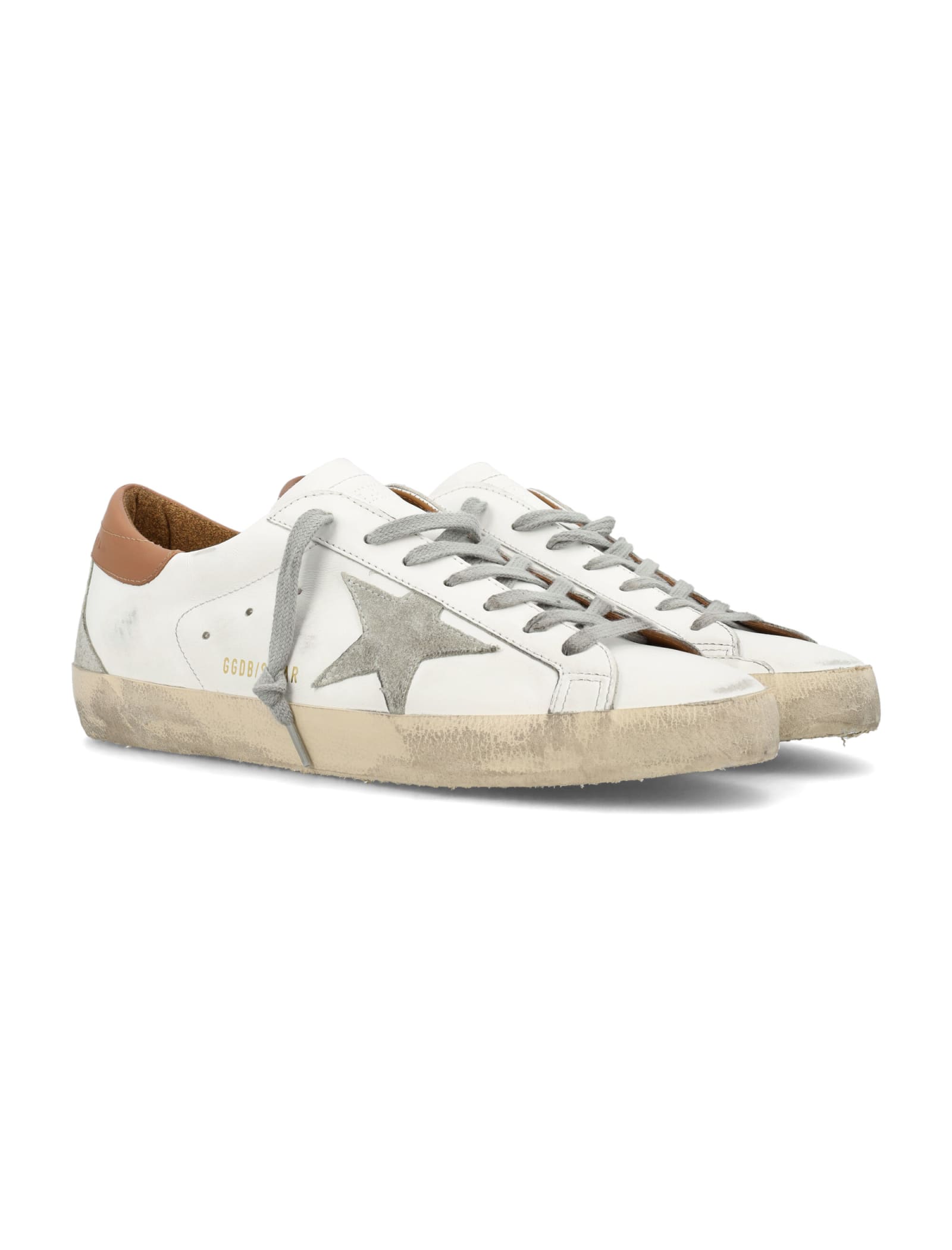 Golden Goose Super-star Sneakers With Ice-gray Suede Star And Light Brown Heel Tab Shoes In White/ice/light Brown